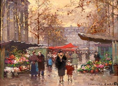 Marche Aux Fleurs - Impressionist Oil, Figures in Cityscape by Edouard Cortes