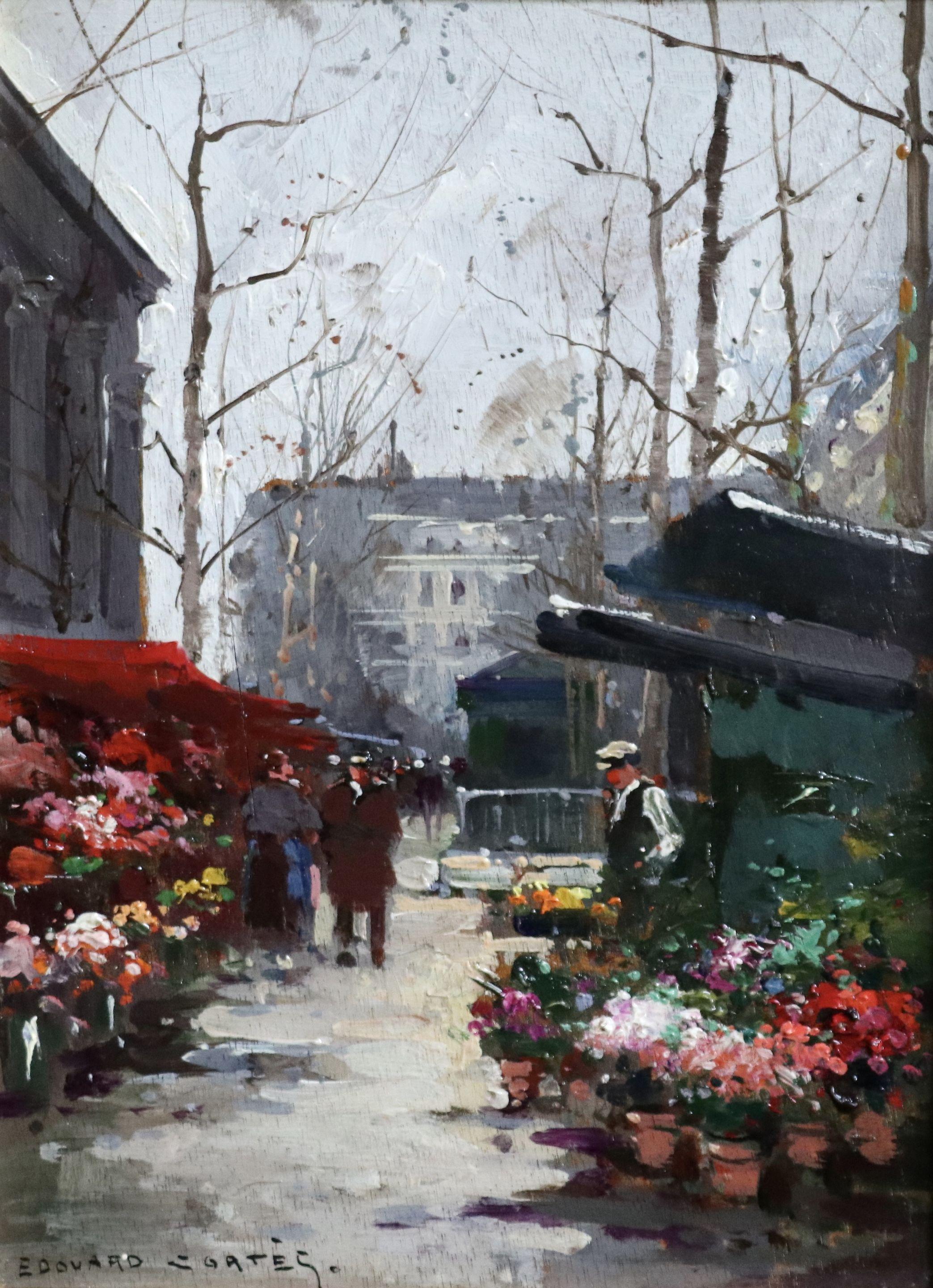Édouard Leon Cortès Landscape Painting - Marche aux Fleurs - Place de la Madeleine - 20th Century Oil, Landscape - Cortes