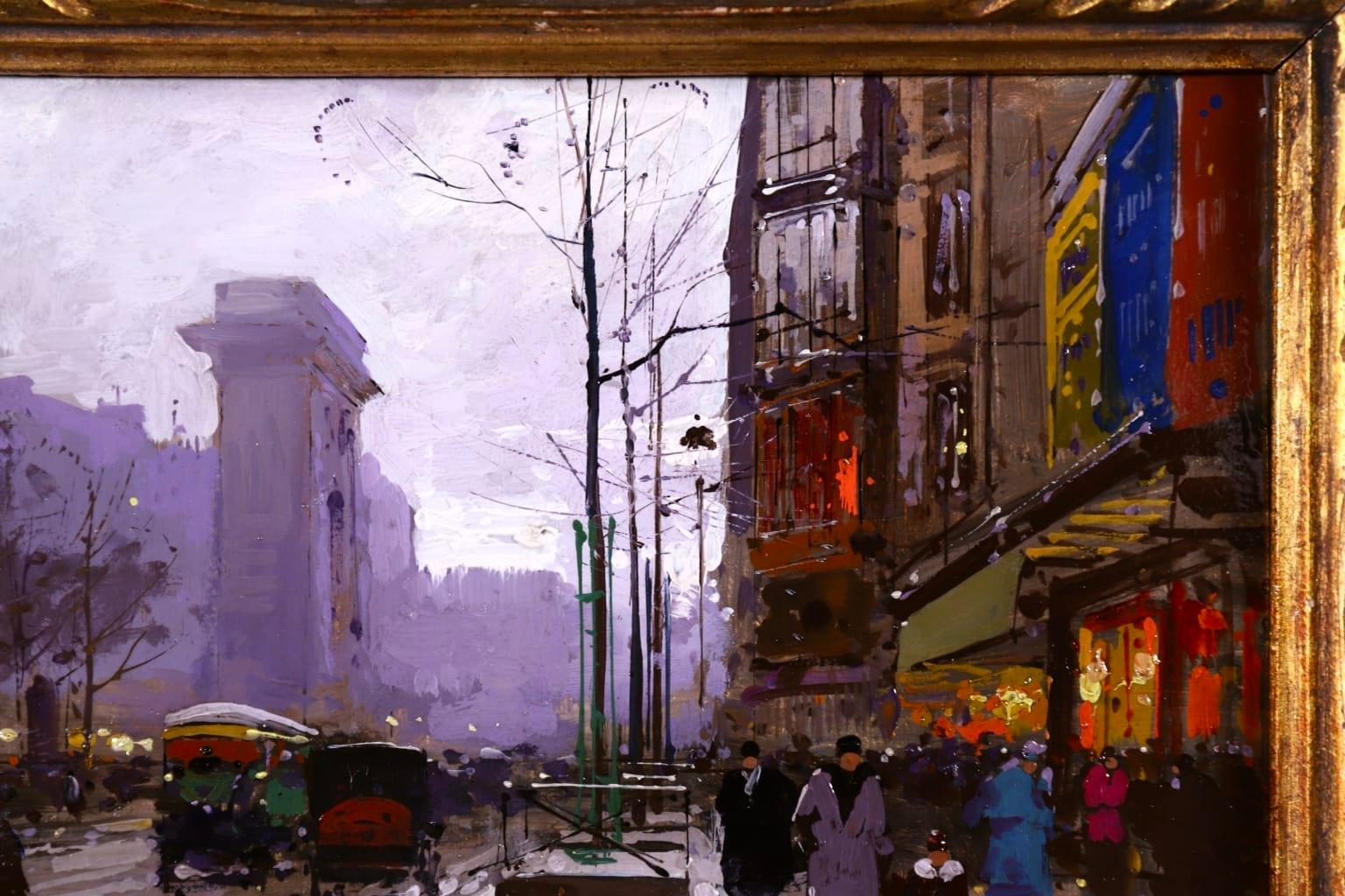 A wonderful oil on original canvas circa 1930 by sought after French impressionist painter Edouard Leon Cortes. The work depicts a bustling street scene in Paris, France on a rainy day. On the left is the Porte Saint-Denis. The reflections of the