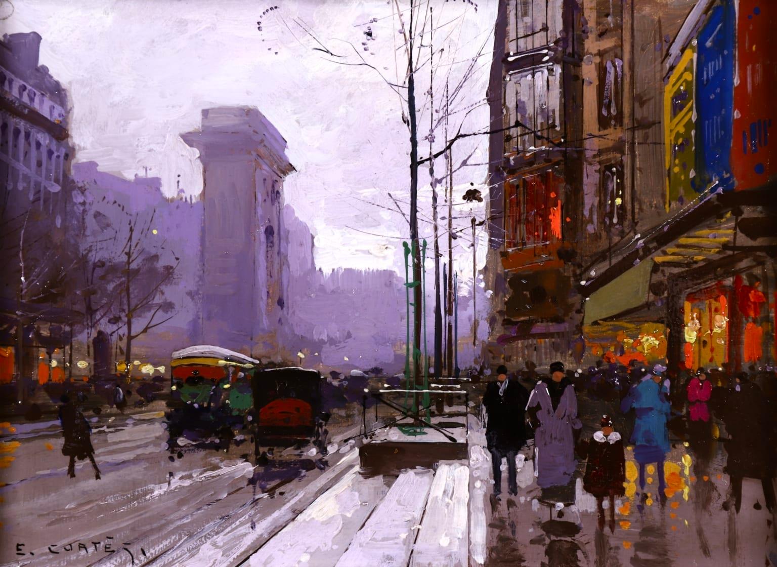 Paris after the Rain - Impressionist Oil, Figures in Cityscape by E L Cortès