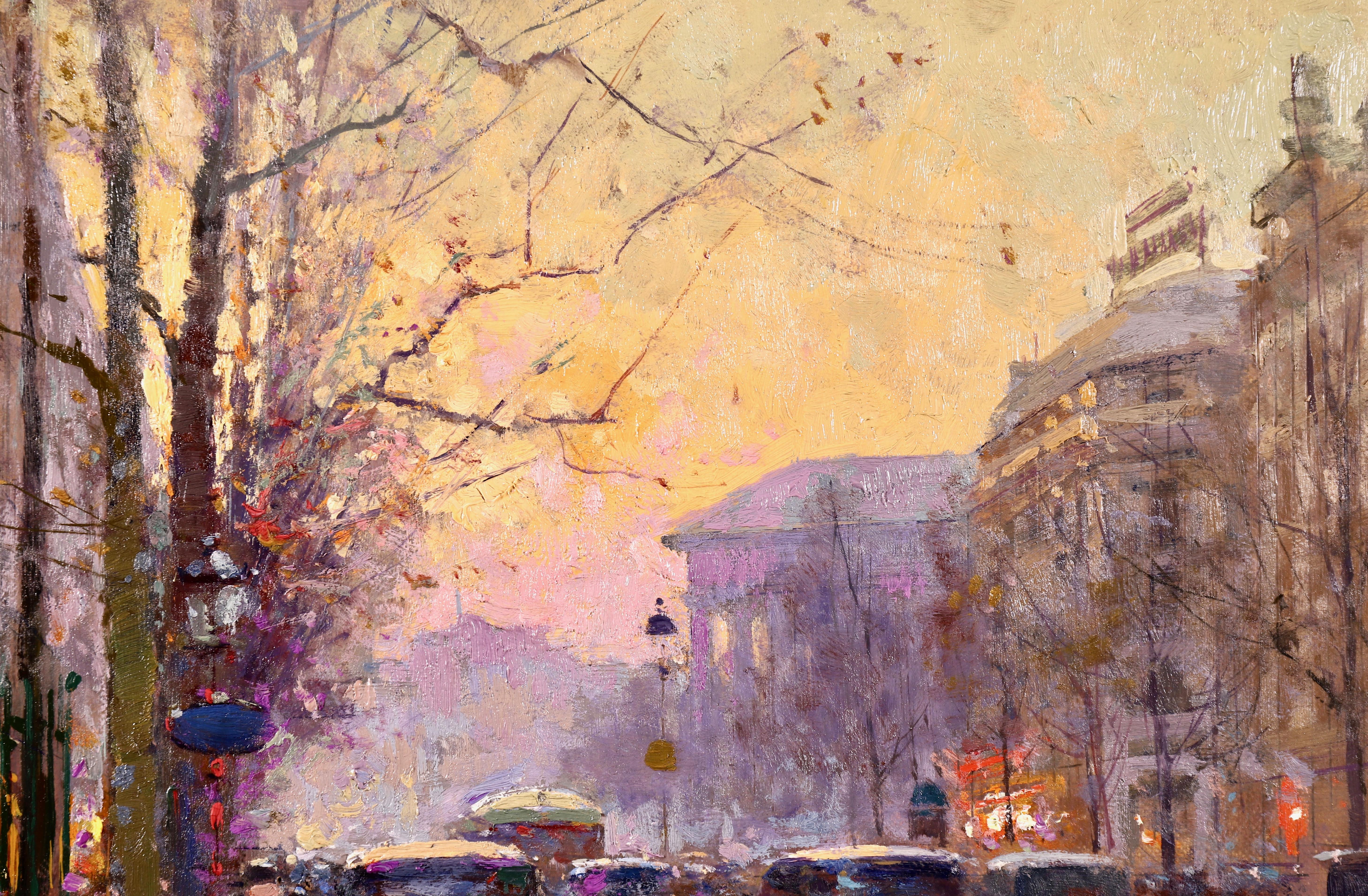 Paris – Place de La Madelaine – 20. Jahrhundert:: Öl:: Figuren in Stadtlandschaft von Cortes (Grau), Landscape Painting, von Édouard Leon Cortès