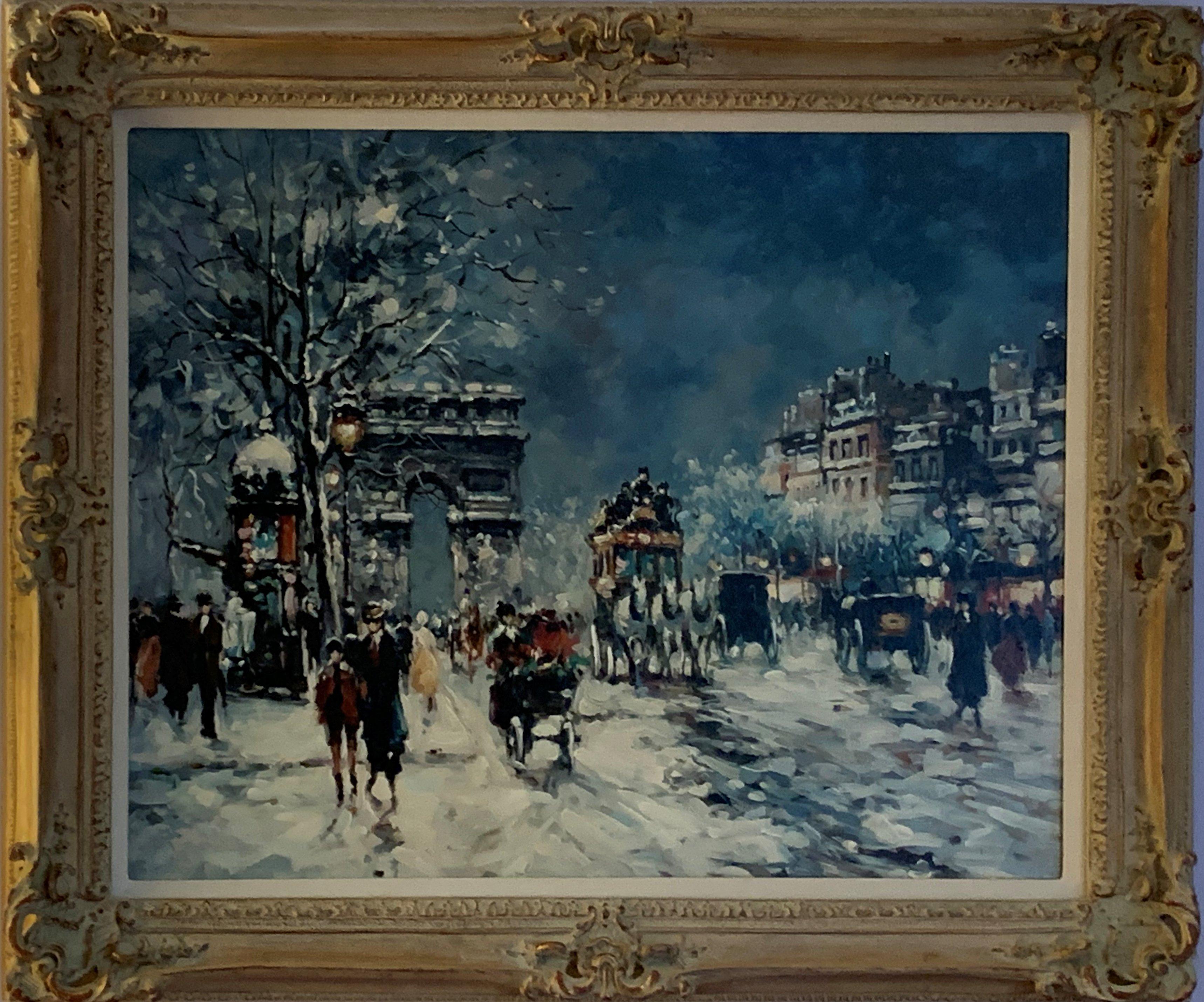 Paris Street Scene, Winter Nocturne, Arc de Triomphe, Champs-Élysées, Snow Night - Painting by Unknown