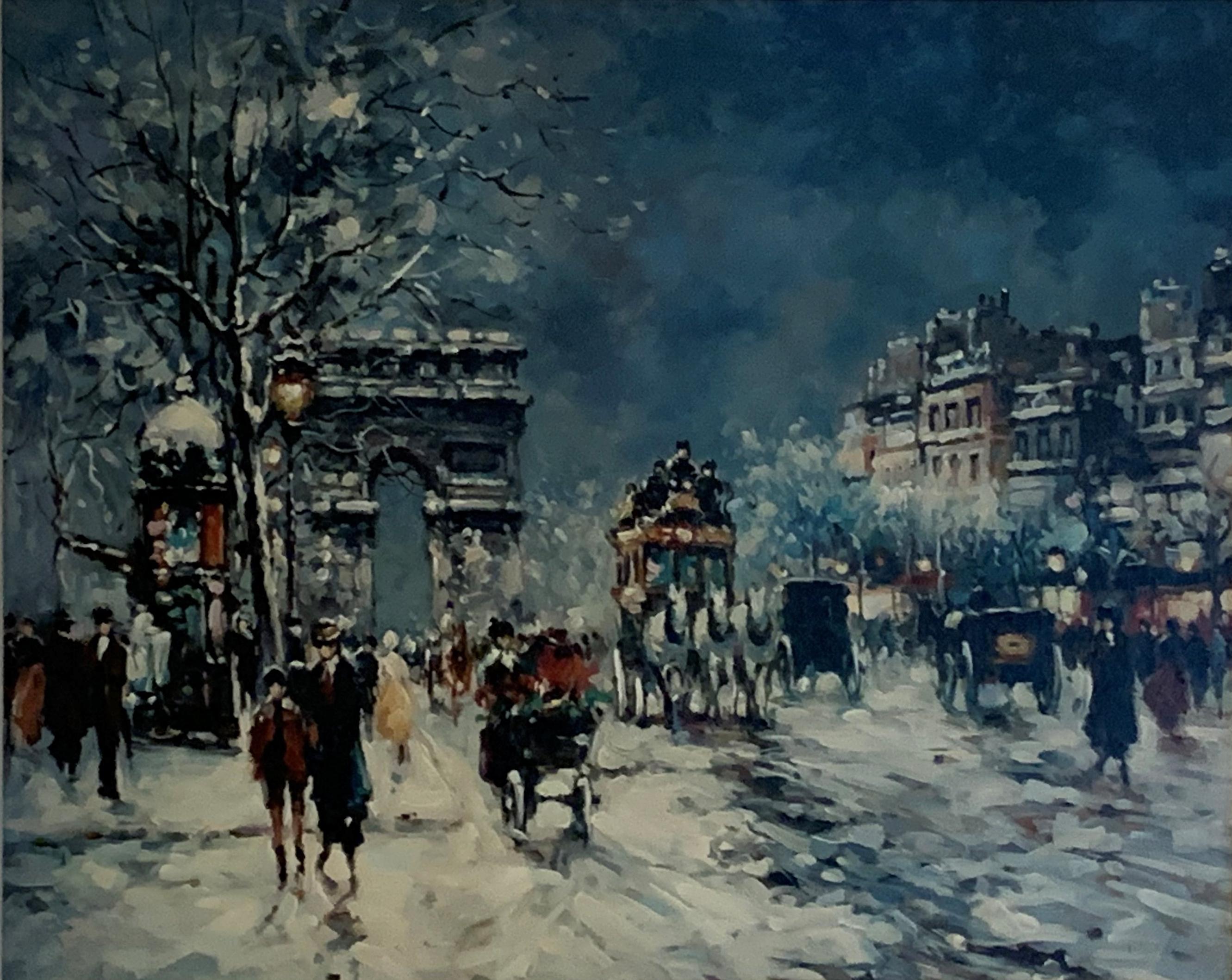 Unknown Landscape Painting - Paris Street Scene, Winter Nocturne, Arc de Triomphe, Champs-Élysées, Snow Night