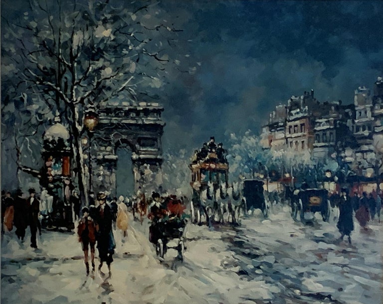Unknown Paris Street Scene Winter Nocturne Arc De Triomphe