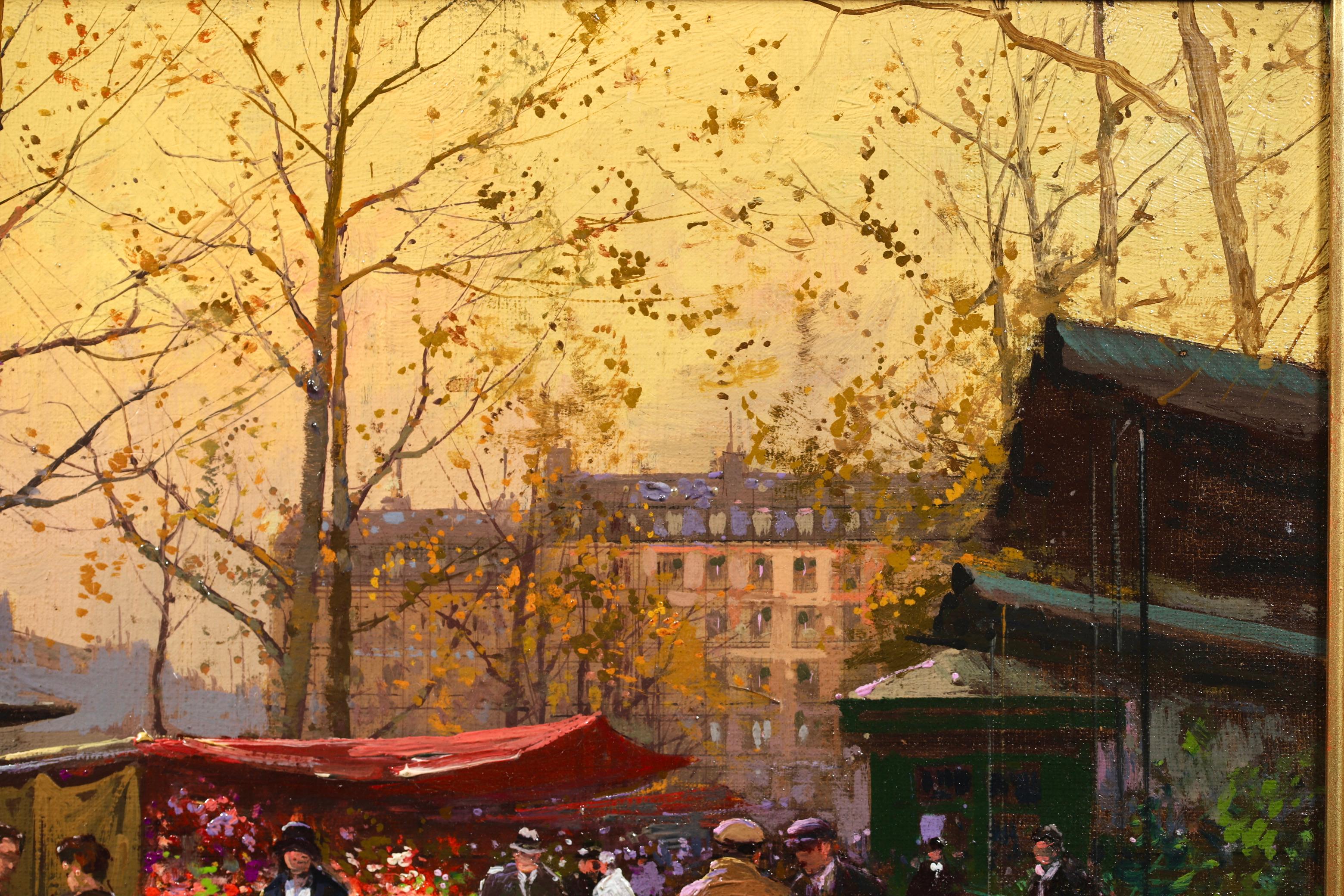 A superb signed oil on canvas by Edouard Leon Cortes depicting figures in the flower market at the Place de la Madeleine in Paris in the afternoon. The work is unlined and unrestored on its original canvas and in beautiful condition. 
This work has