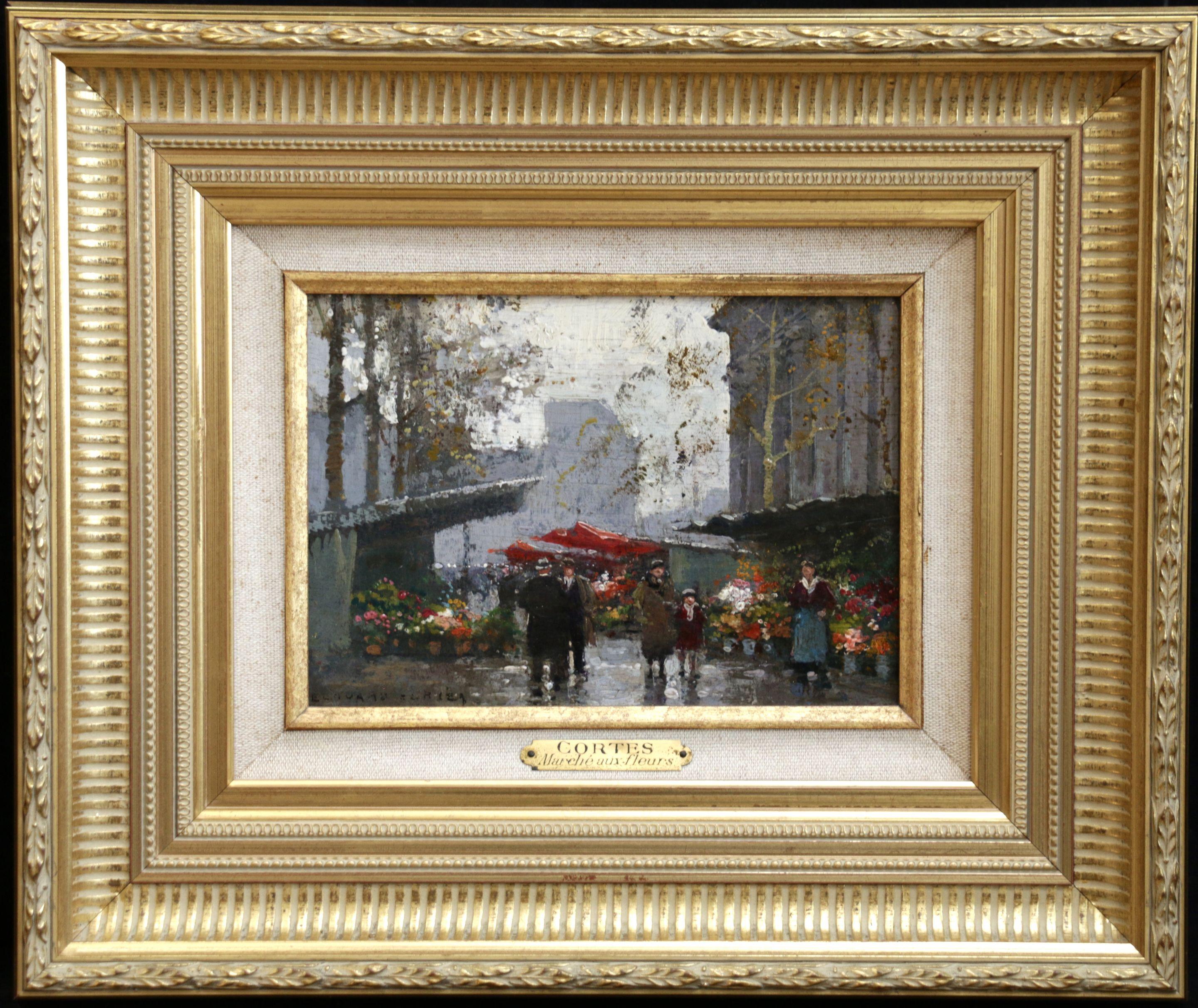 Place de la Madeleine - Marche aux fleurs Paris - Figures in Cityscape by Cortes - Painting by Édouard Leon Cortès