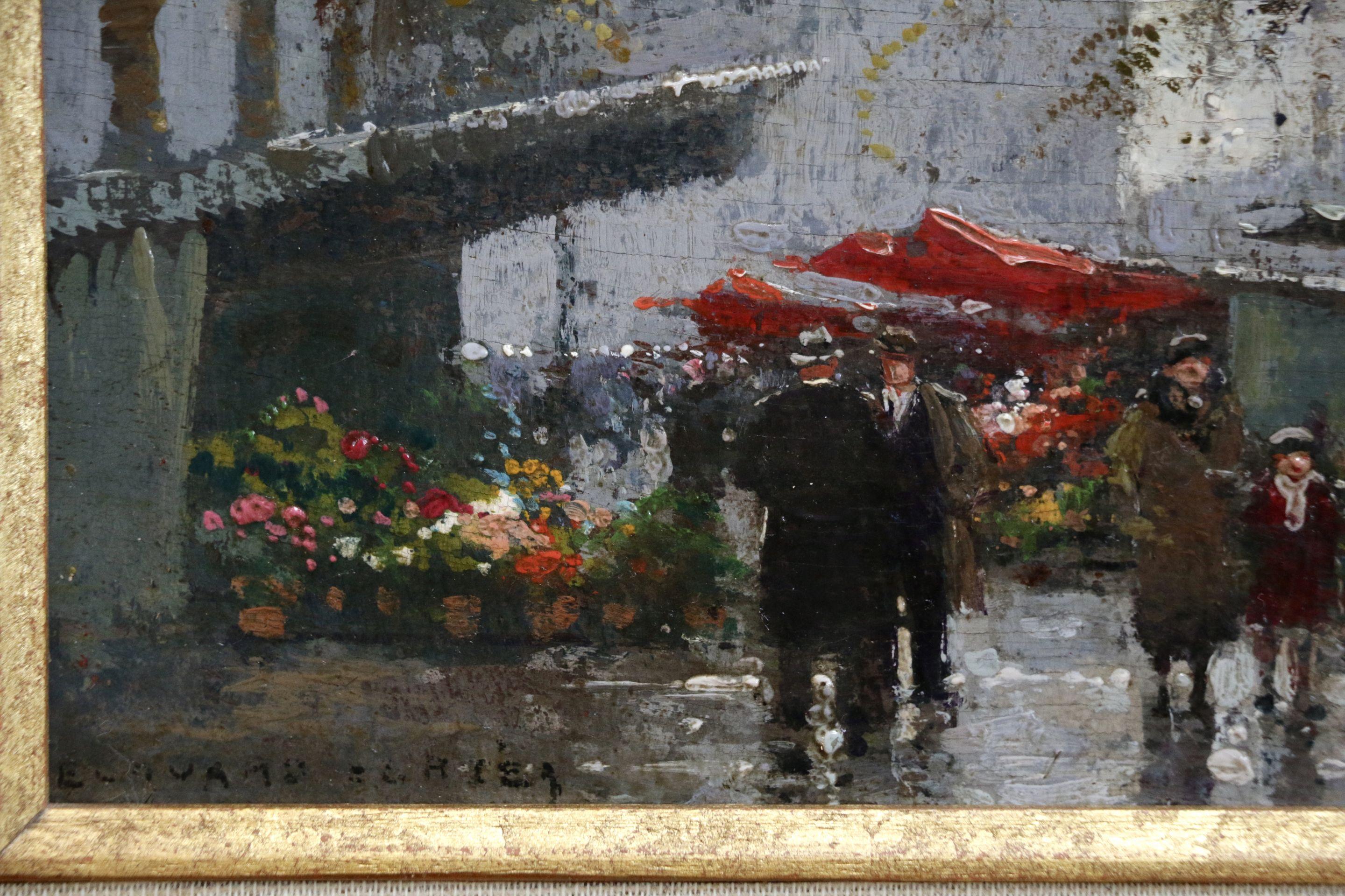 Place de la Madeleine - Marche aux fleurs Paris - Figures in Cityscape by Cortes - Impressionist Painting by Édouard Leon Cortès