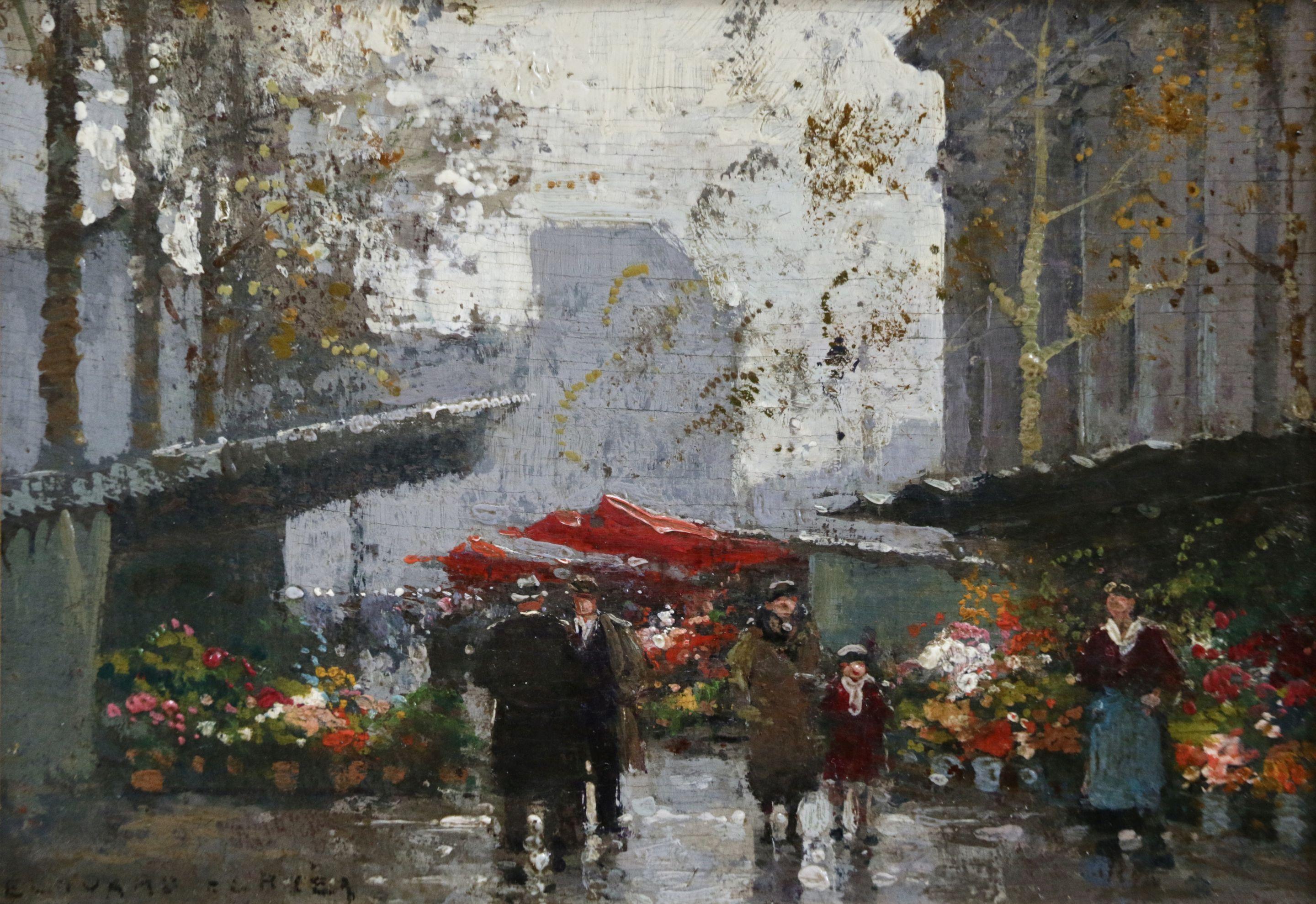 Édouard Leon Cortès Landscape Painting - Place de la Madeleine - Marche aux fleurs Paris - Figures in Cityscape by Cortes
