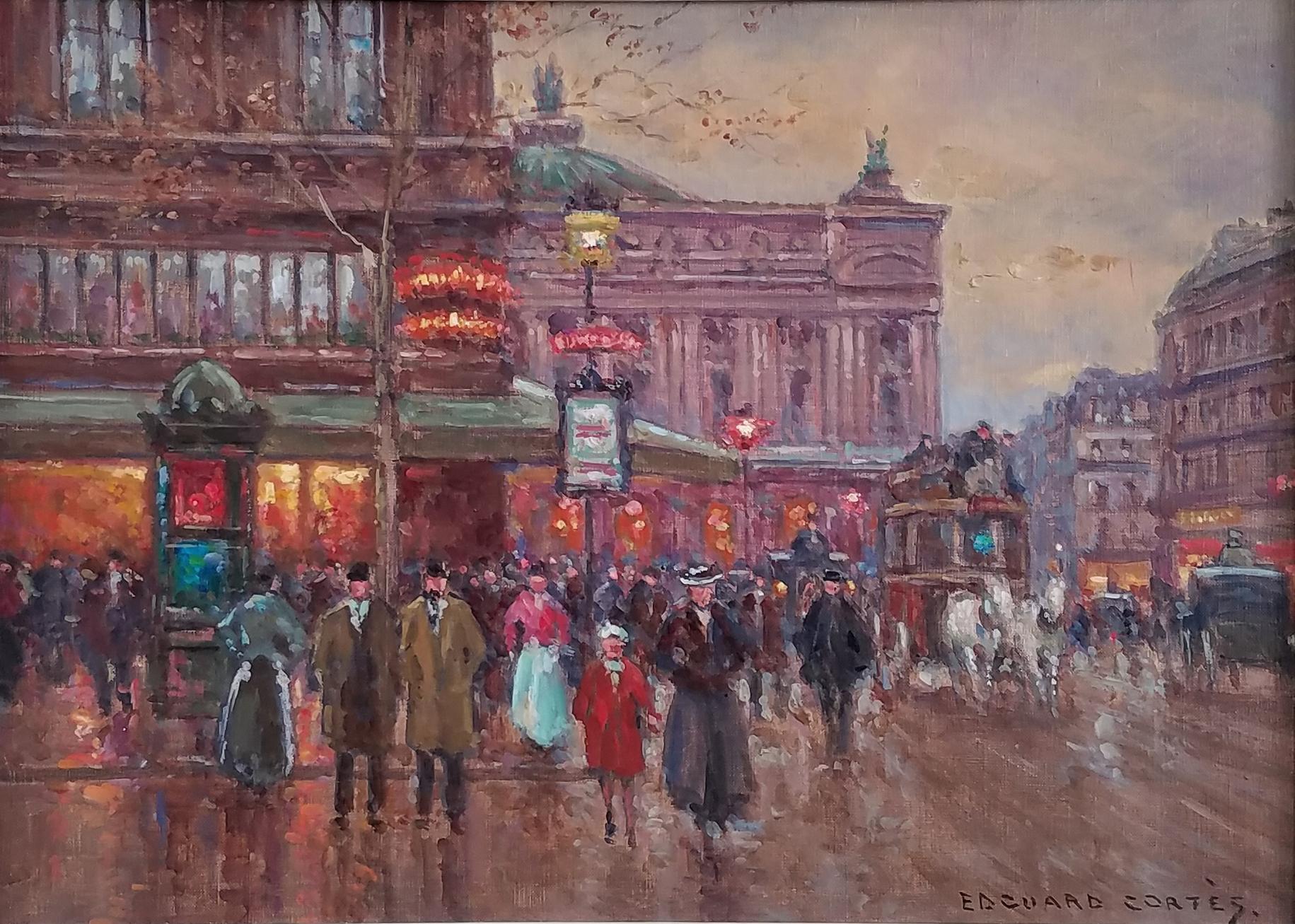 Édouard Leon Cortès Landscape Painting - "Place de La Opera, Paris, " Édouard Cortès, French Impressionist Street Scene