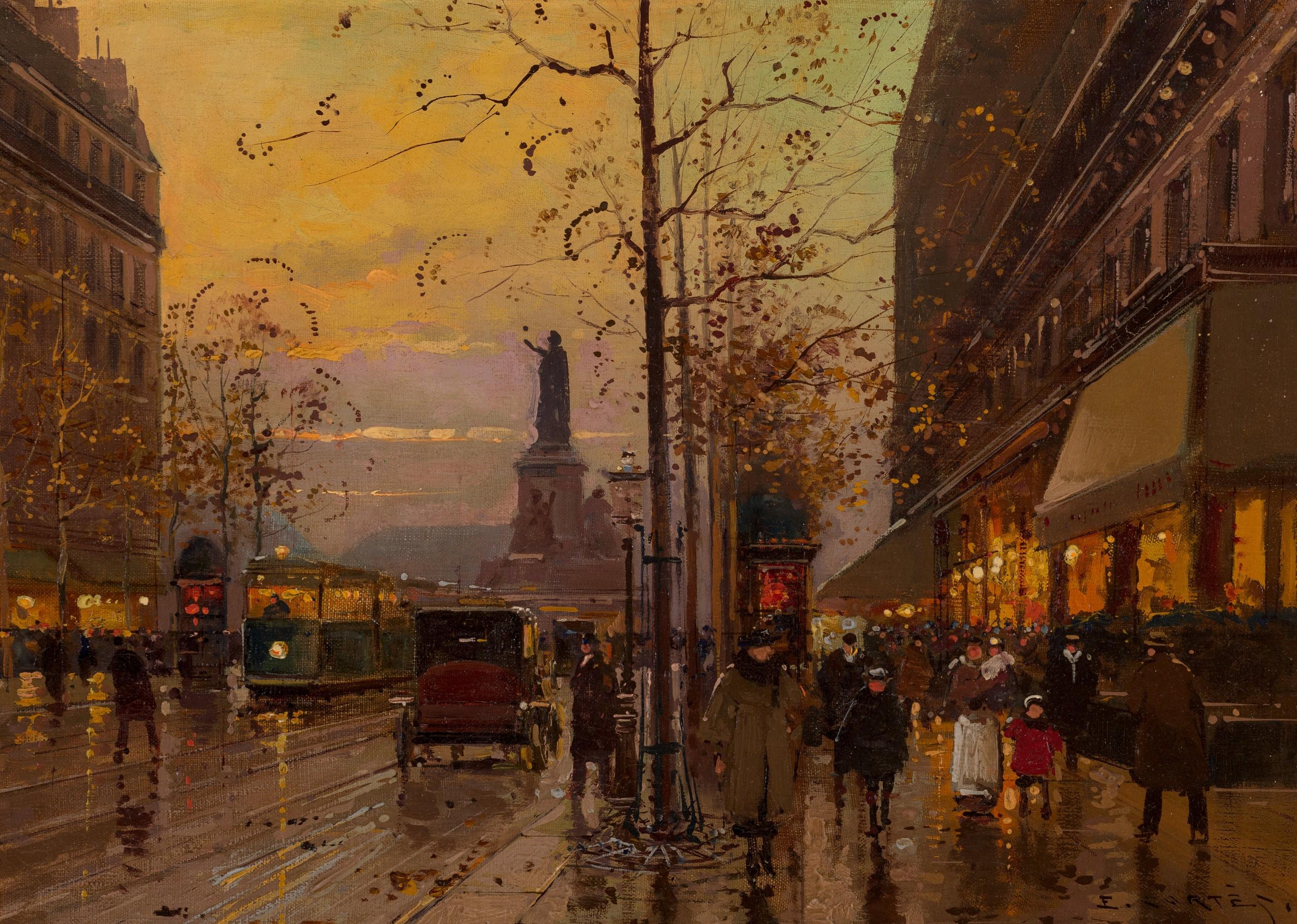 Place de la République, crépuscule - Twilight oil painting of Paris - Painting by Édouard Leon Cortès