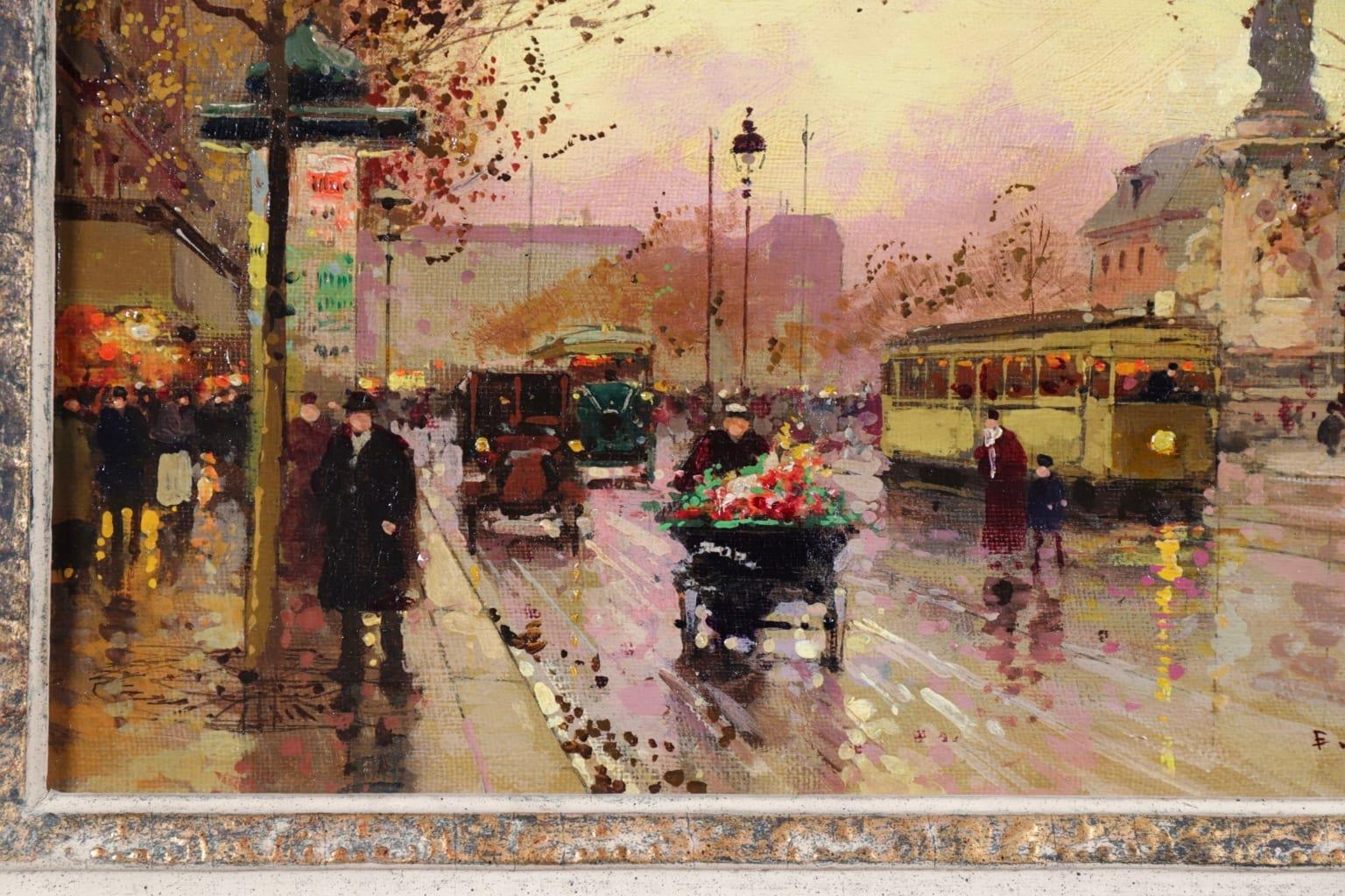 A beautiful oil on canvas circa 1910 by sought after French Impressionist painter Edouard Leon Cortes depicting a street scene at the Place de la Republique in Paris. A wonderful subject showing trams and cars on the street - their lights reflecting