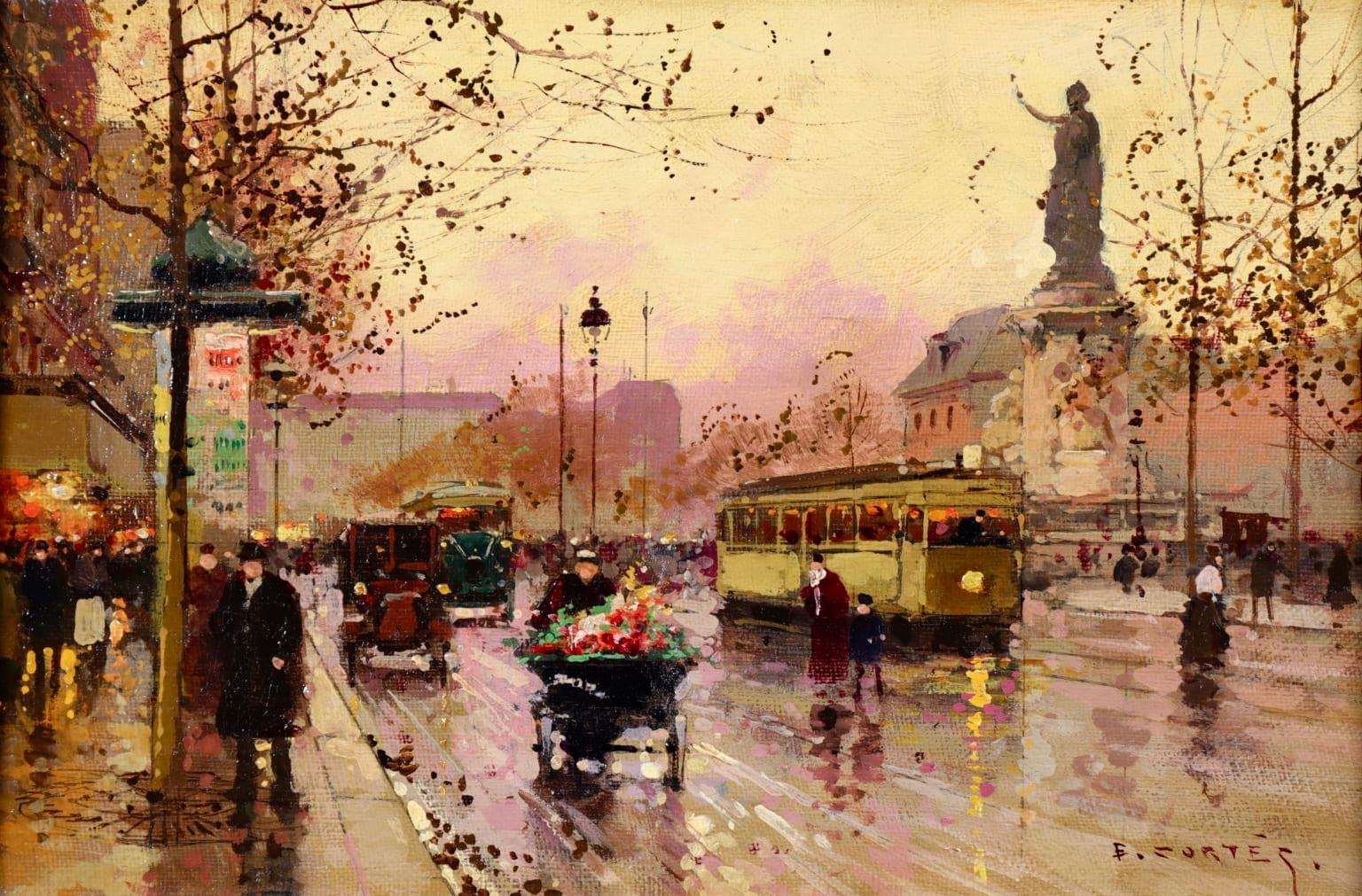 Édouard Leon Cortès Figurative Painting - Place de la Republique - Impressionist Oil, Figures - Cityscape - Edouard Cortes