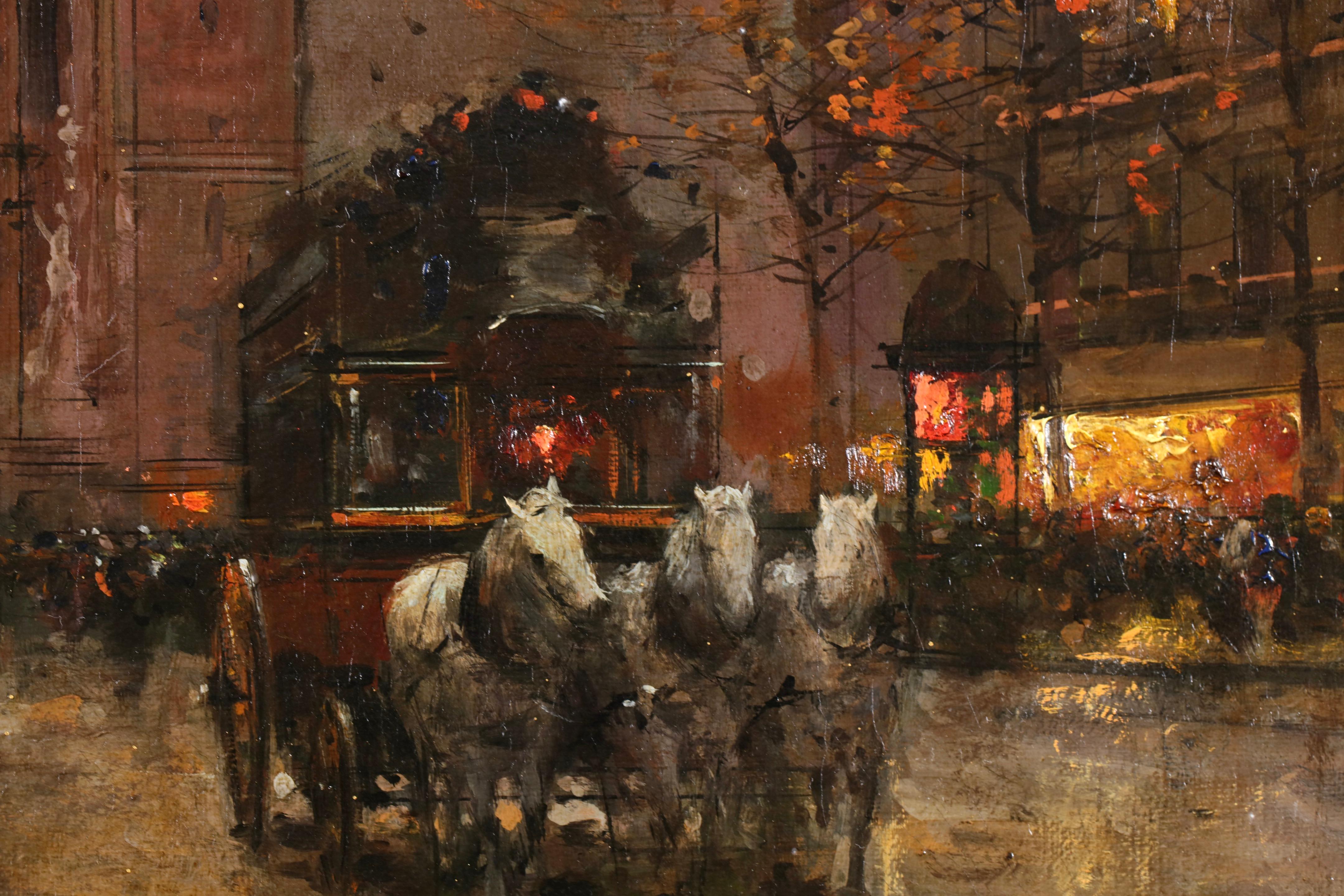 Signiert Öl auf Leinwand Figuren in der Landschaft um 1920 von gesucht Französisch impressionistischen Maler Edouard Cortes. Das Werk zeigt eine herbstliche Szene an der Porte Saint-Denis, einem Pariser Monument, bei Nacht. Die letzten Blätter haben