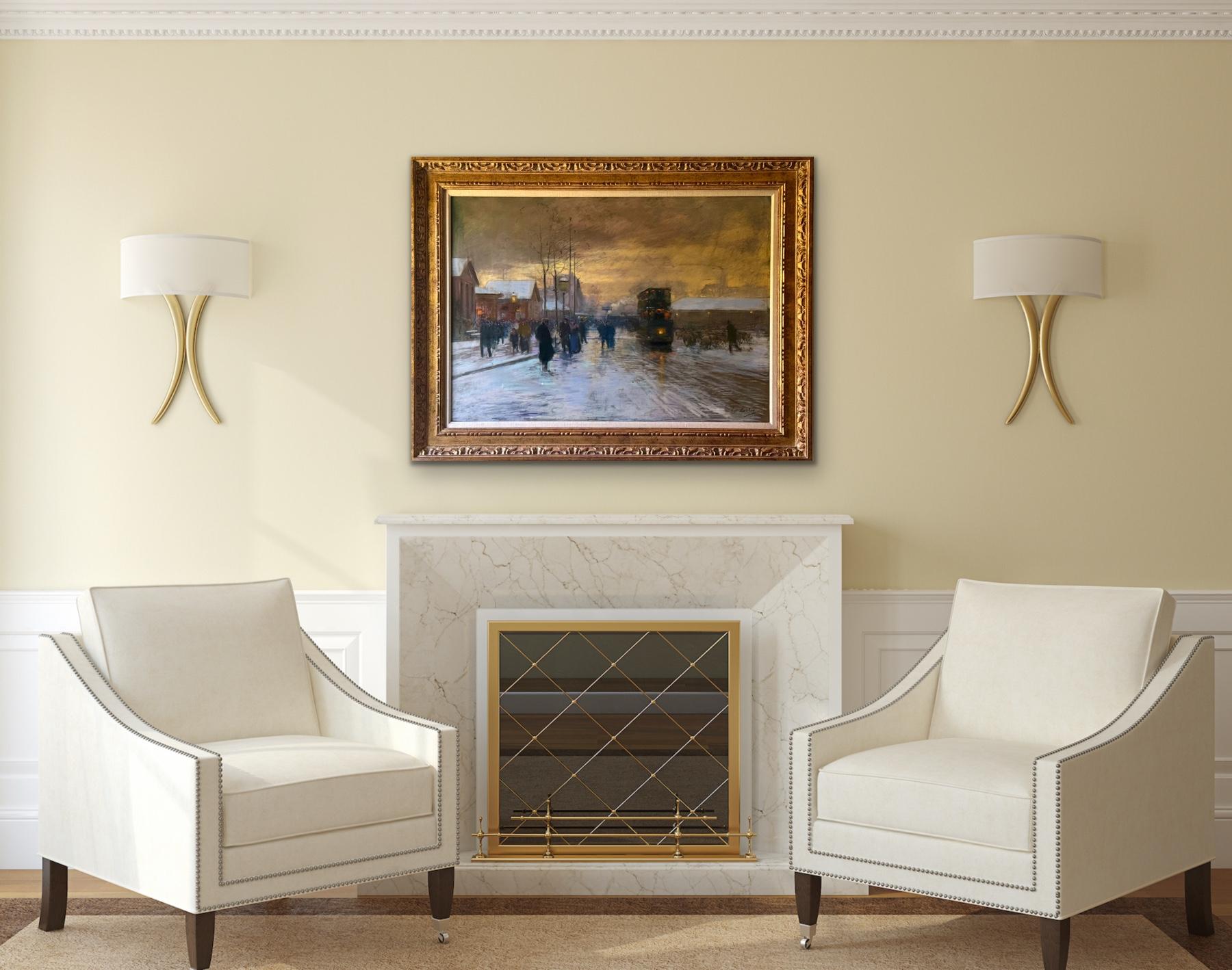 Set in Metz, France before the medieval Porte d’Allemagne, this early large-format pastel captures a city at the threshold of modernity. The scene unfolds on a wintry evening where medieval stone meets the glow of industrial light, and where history