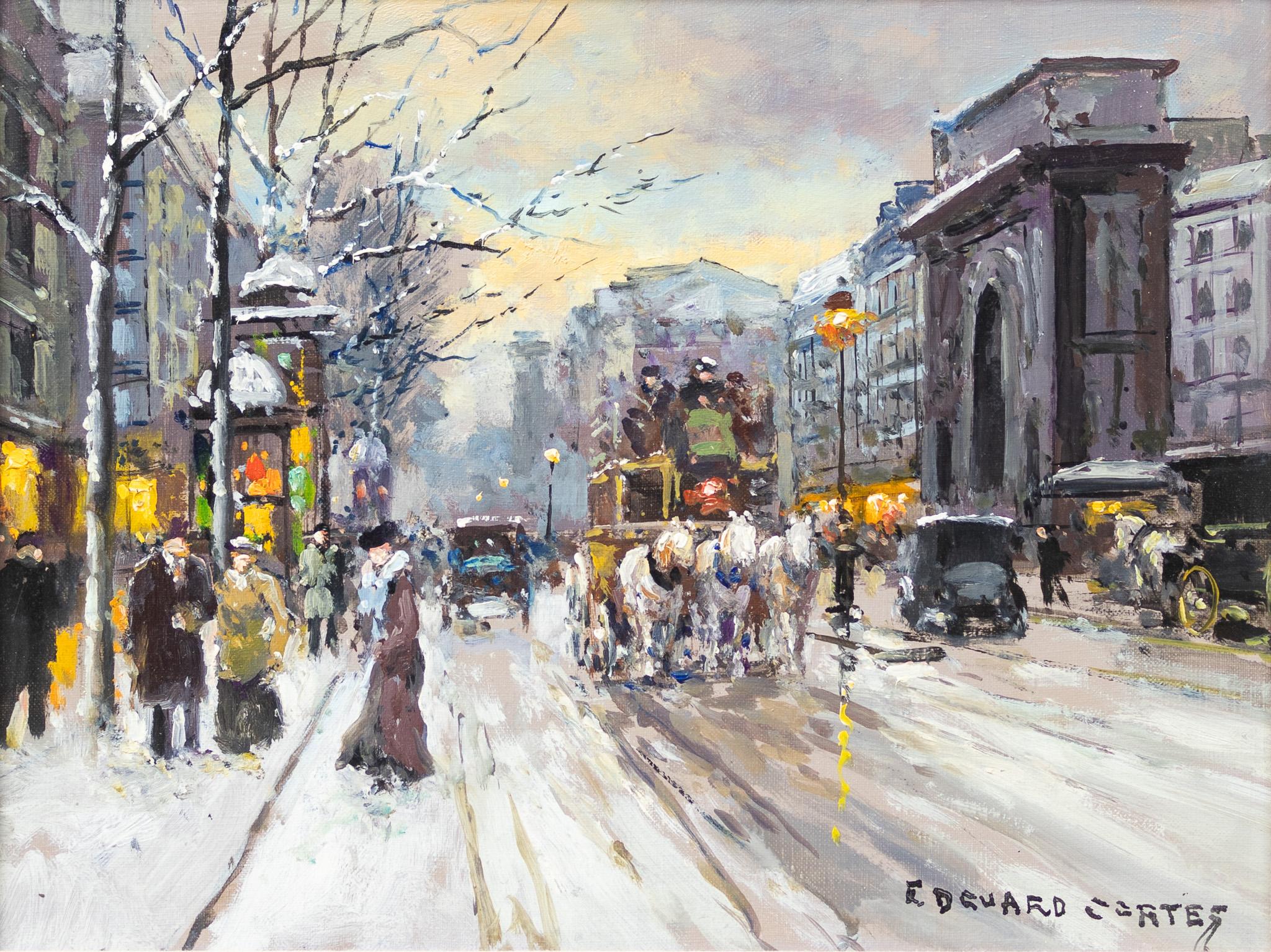 « Porte St. Martin en hiver » Scène de rue parisienne - Painting de Édouard Leon Cortès
