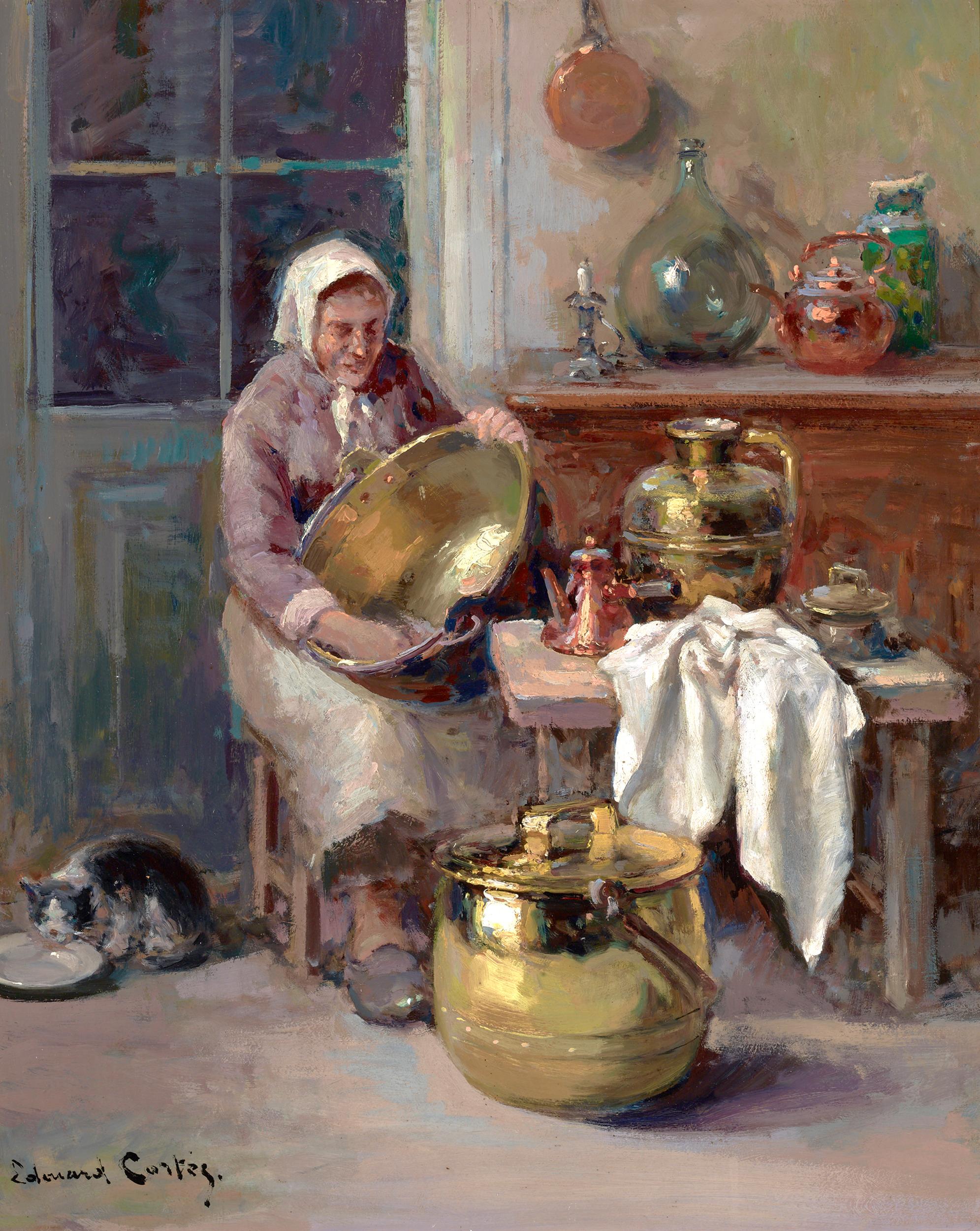 
French Post-Impressionist Edouard Léon Cortès captures a peasant woman scrubbing a large pot in this rare early work from the artist. Although Cortès is known for his scenes of bustling Parisian boulevards, an important portion of his body of work