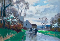 Retro Route de Grentheville au printemps - Impressionist Oil, Landscape by E L Cortes