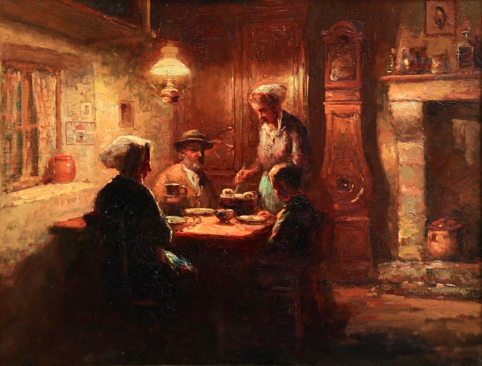 Édouard Leon Cortès Interior Painting - Souper en Normandie - Impressionist Oil, Figures in Interior by Edouard Cortes