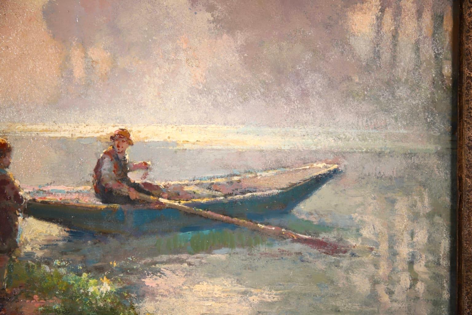 The Boatman - French Impressionist Oil, Figures in Riverscape by Edouard Cortes 3