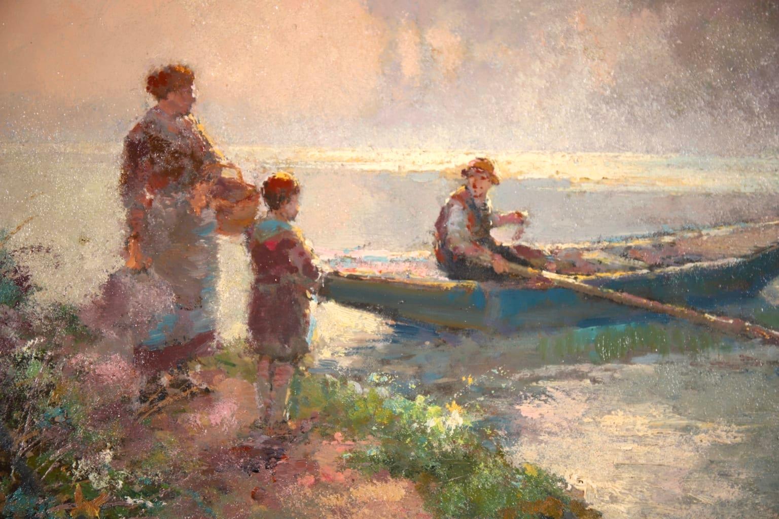 The Boatman - French Impressionist Oil, Figures in Riverscape by Edouard Cortes 4