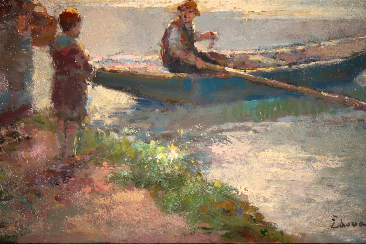 The Boatman - French Impressionist Oil, Figures in Riverscape by Edouard Cortes 5