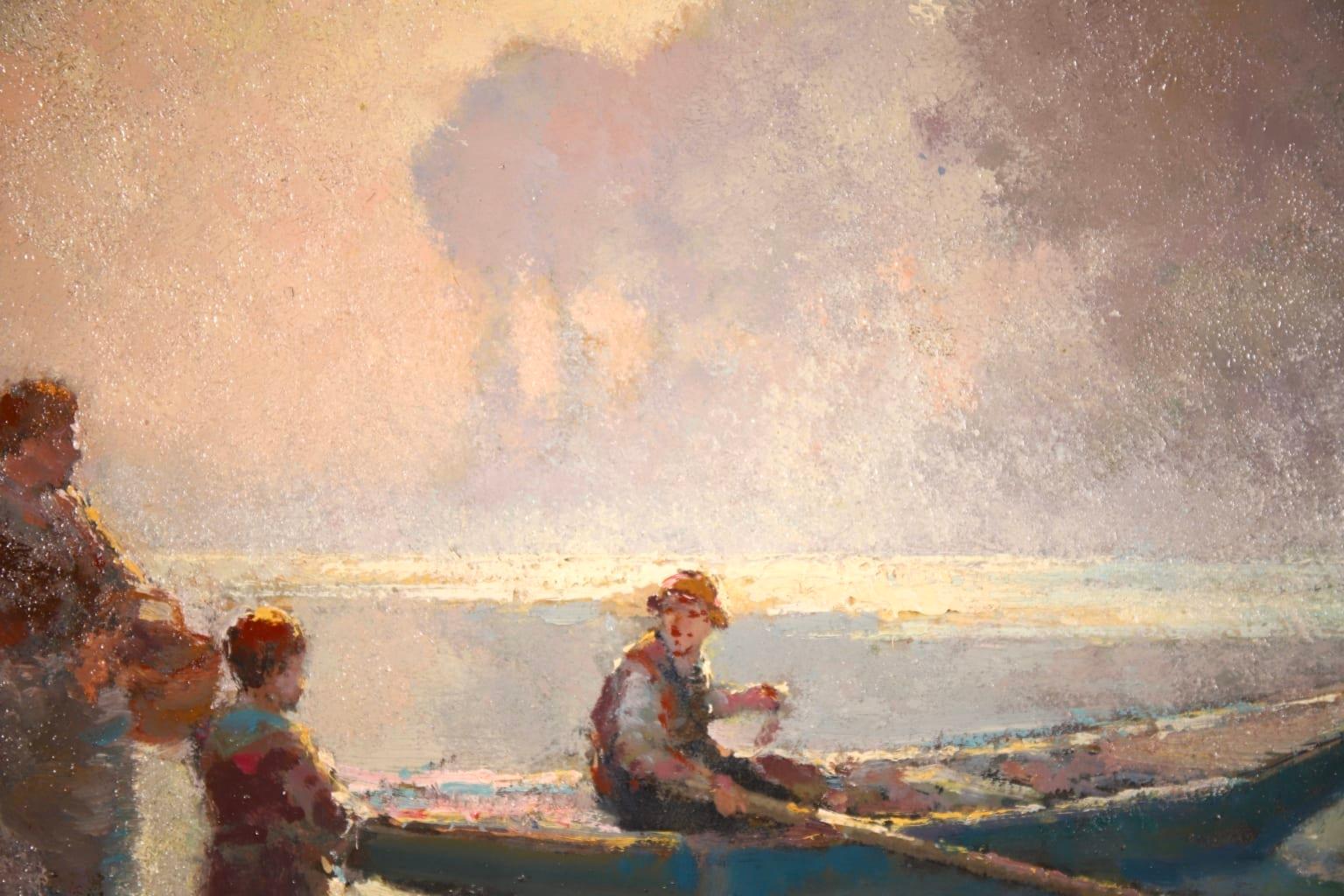 The Boatman - French Impressionist Oil, Figures in Riverscape by Edouard Cortes 6