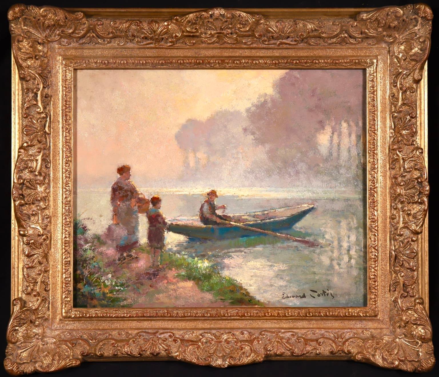 The Boatman - French Impressionist Oil, Figures in Riverscape by Edouard Cortes - Painting by Édouard Leon Cortès