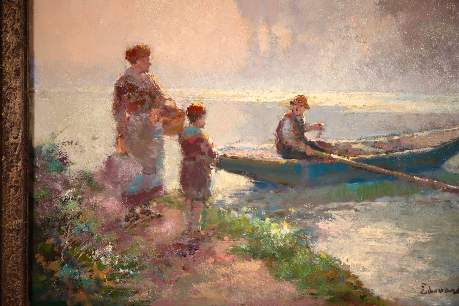 The Boatman - French Impressionist Oil, Figures in Riverscape by Edouard Cortes - Brown Figurative Painting by Édouard Leon Cortès