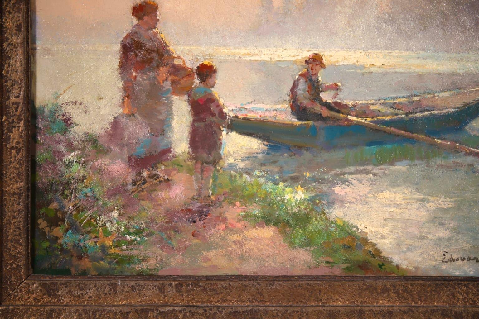 Le Passeur
A stunning oil on panel by sought after French Impressionist painter Edouard Leon Cortes. The piece depicts a sunny day on the river with a man on row boat with a lady and her son on the path beside him. The trees lining the banks reflect