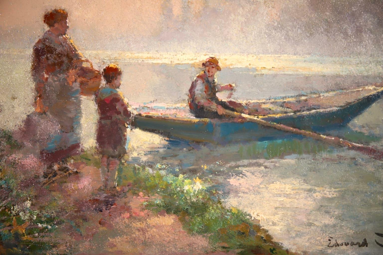 The Boatman - French Impressionist Oil, Figures in Riverscape by Edouard Cortes 1