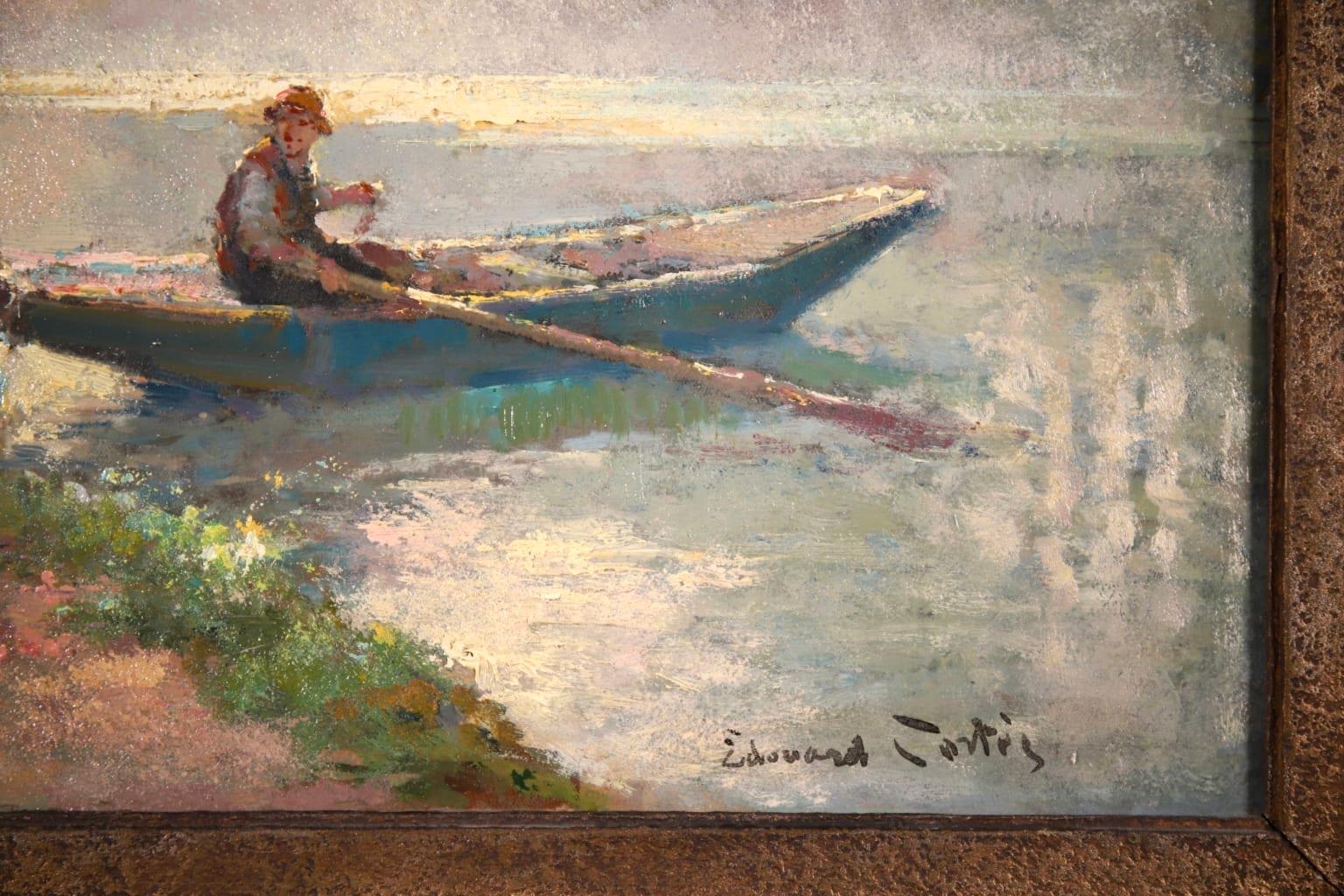 The Boatman - French Impressionist Oil, Figures in Riverscape by Edouard Cortes 2