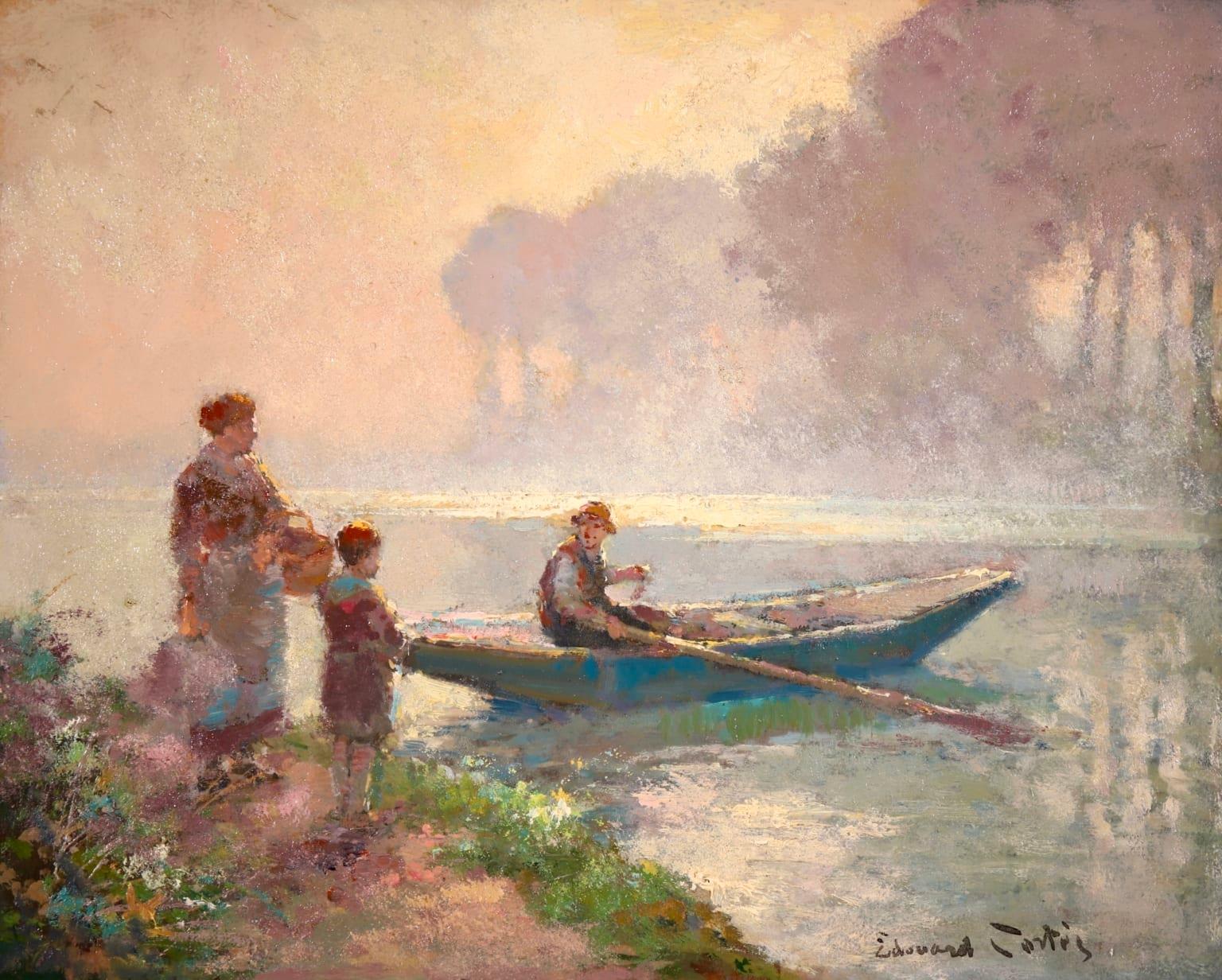 Édouard Leon Cortès Figurative Painting - The Boatman - French Impressionist Oil, Figures in Riverscape by Edouard Cortes
