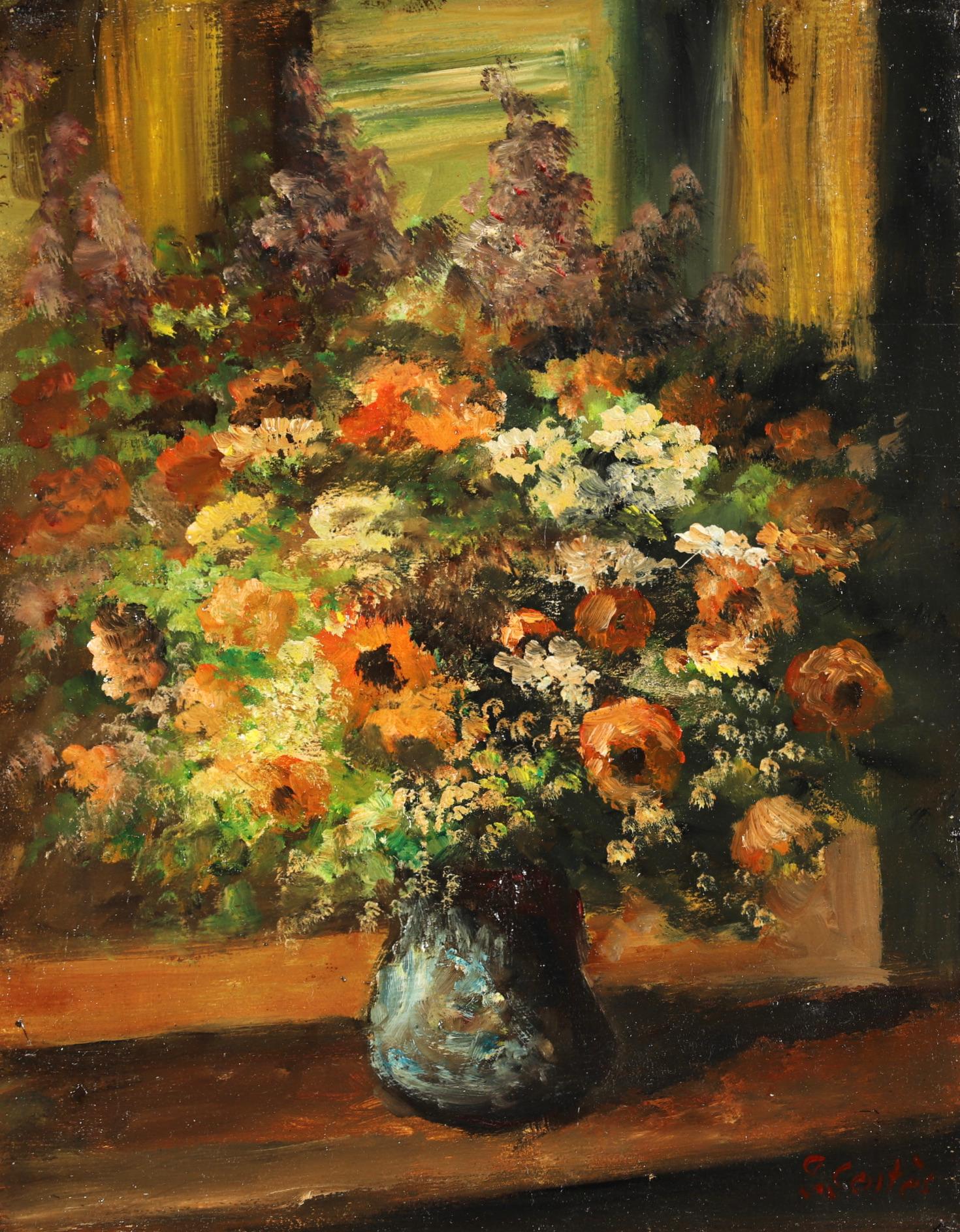 Signed impressionist oil on panel still life circa 1920 by French painter Edouard Cortes. The work depicts a vase of autumnal coloured flowers placed on a wooden ledge in front of a mirror. 

Signature:
Signed lower right

Dimensions:
Framed: