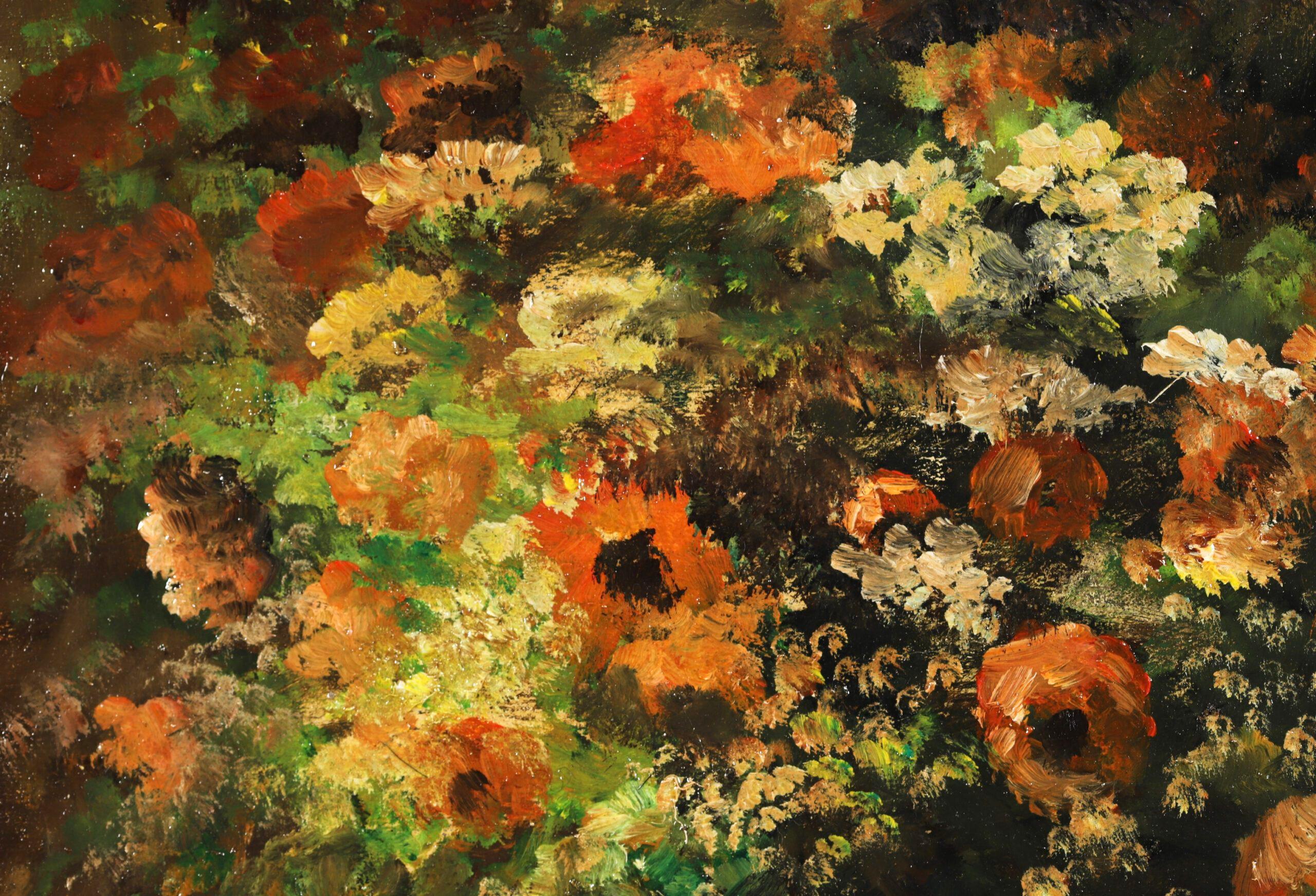 Nature morte à l'huile impressionniste sur panneau signée vers 1920 par le peintre français Edouard Cortes. L'œuvre représente un vase de fleurs aux couleurs automnales placé sur un rebord en bois devant un miroir. 

Signature :
Signé en bas à