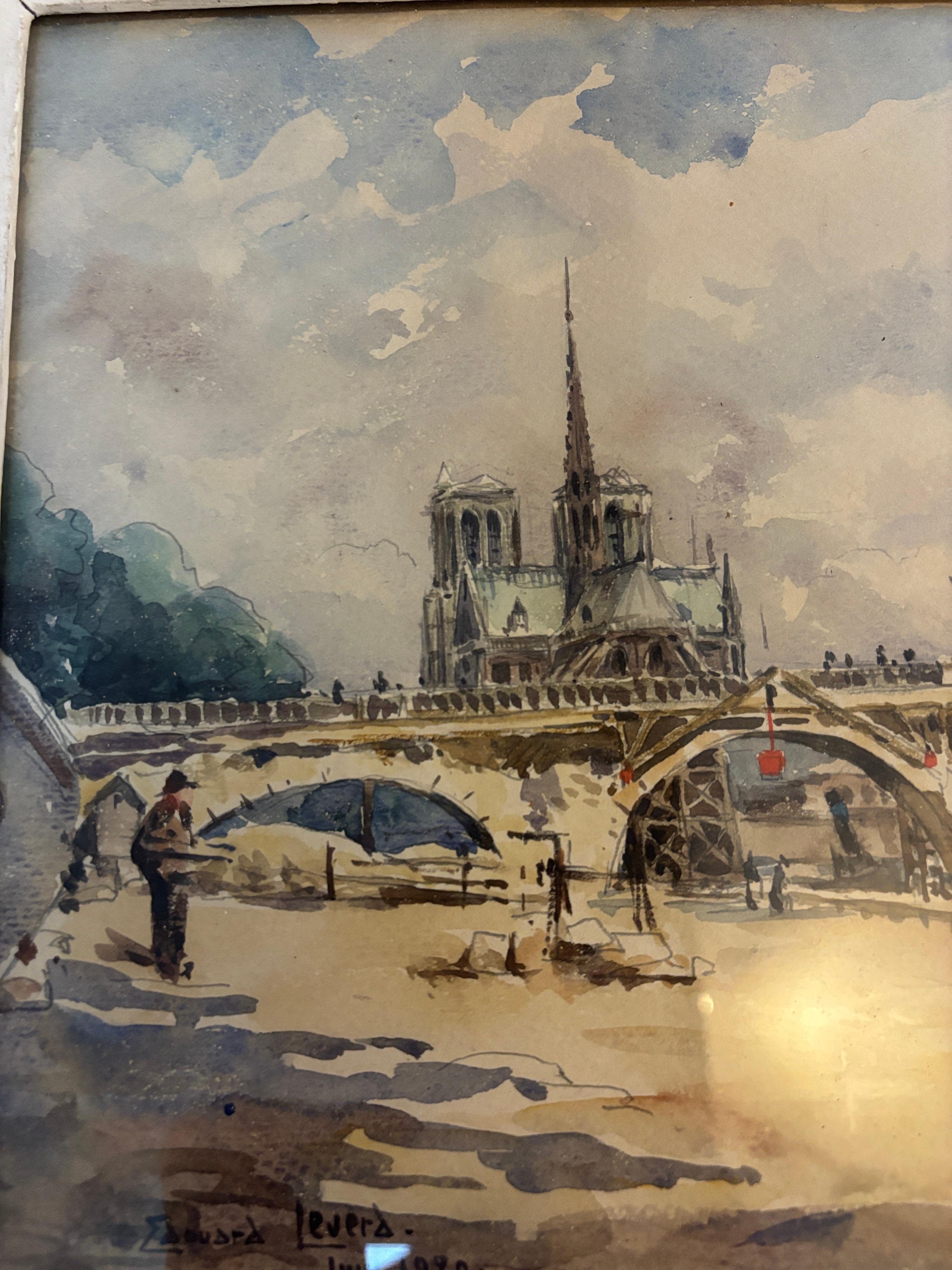 20e siècle Vue impressionniste française de Notre-Dame, Paris - Impressionnisme Painting par Edouard Leverd