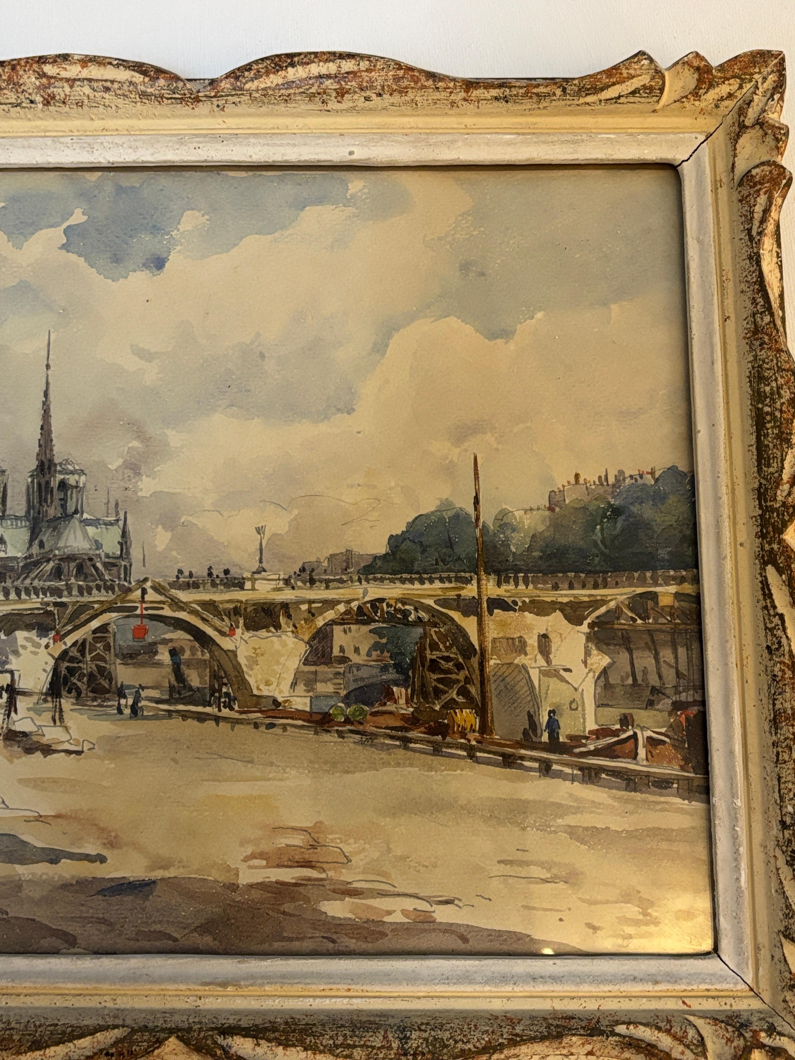 20e siècle Vue impressionniste française de Notre-Dame, Paris - Marron Landscape Painting par Edouard Leverd