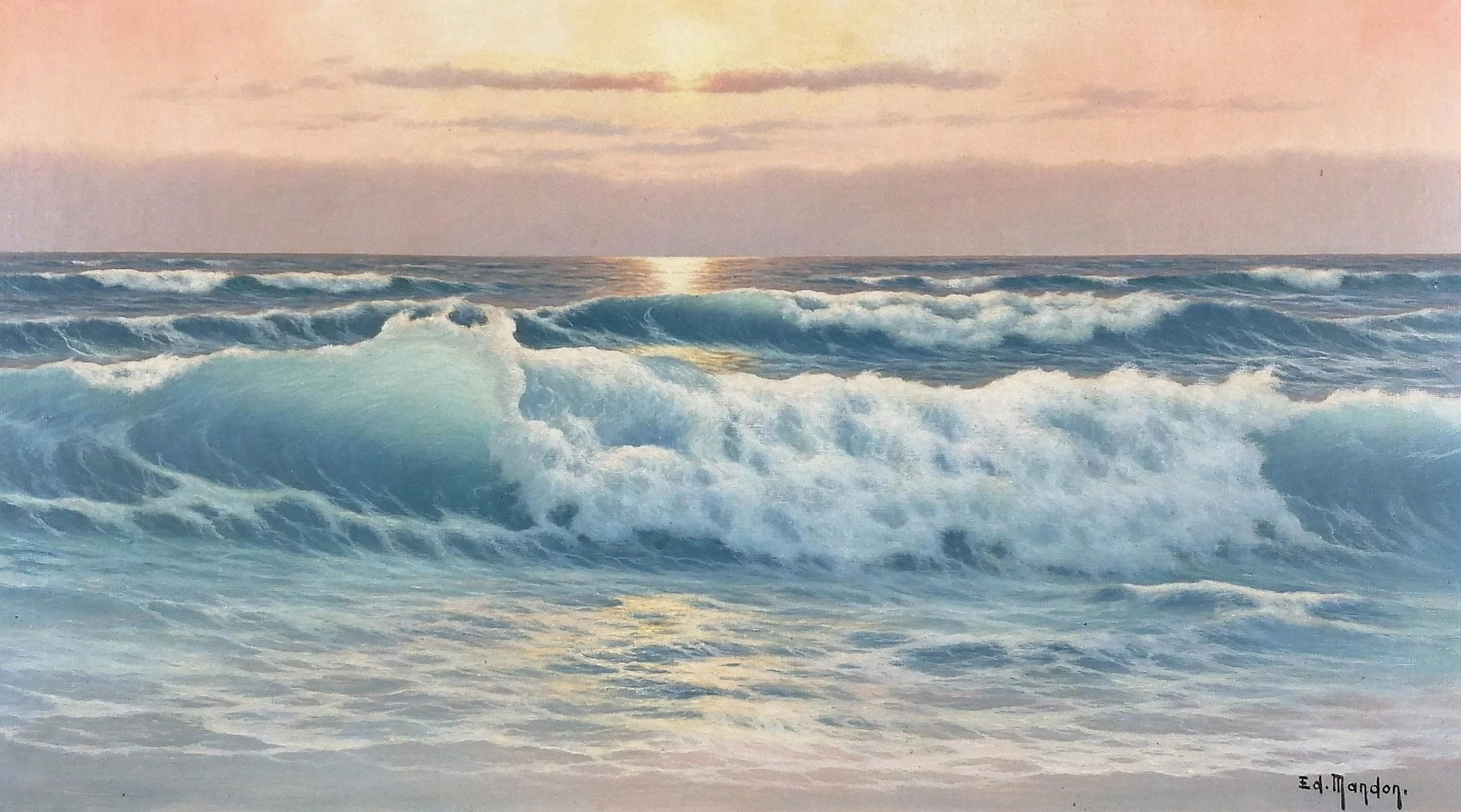 Sonnenuntergang an der See - Große französische Meeres- Strand- Meereslandschaft Öl auf Leinwand Gemälde – Painting von Edouard Mandon