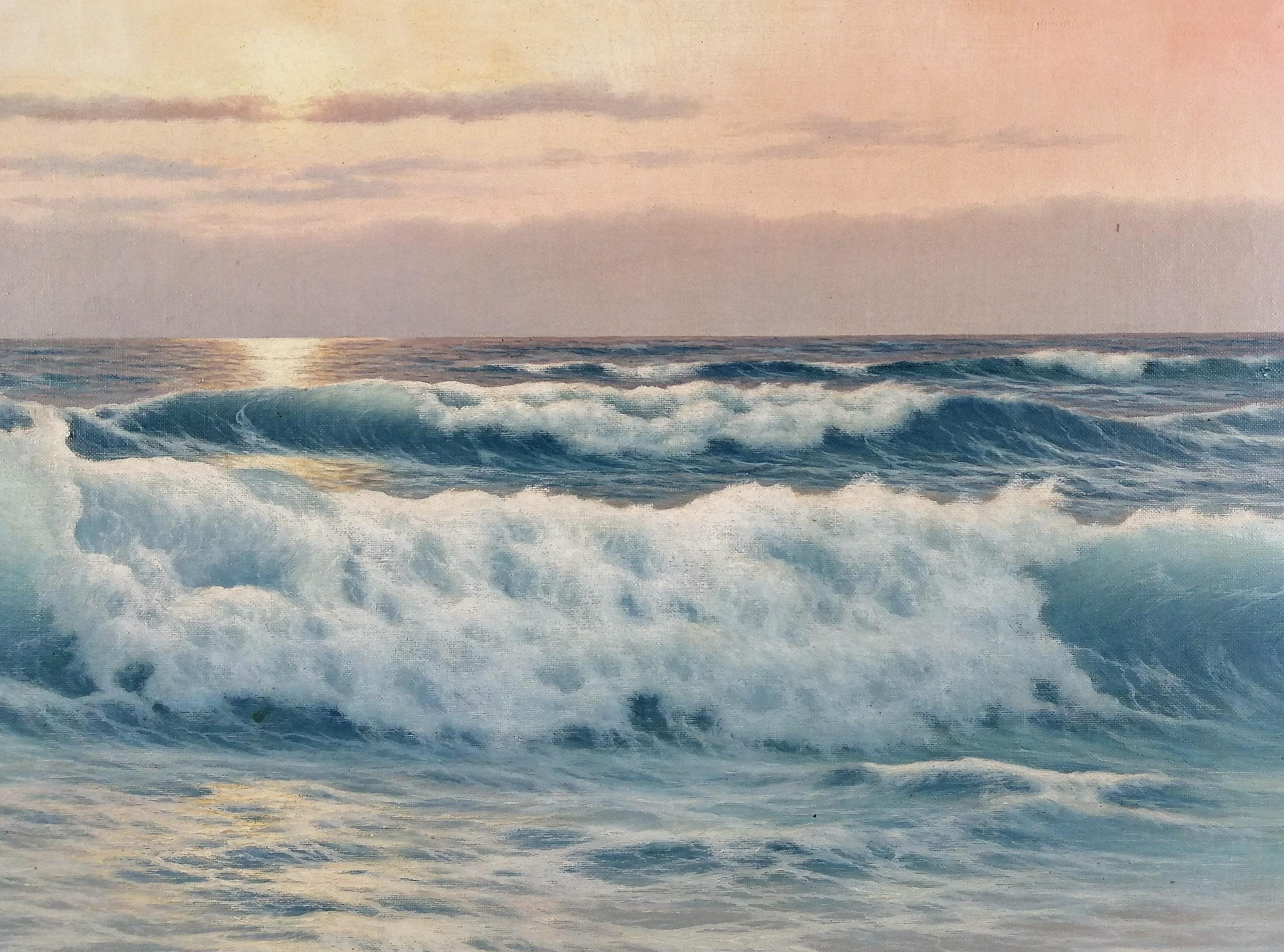 Sunset at Sea - Large French Marine Beach Seascape Oil on Canvas Painting For Sale 1