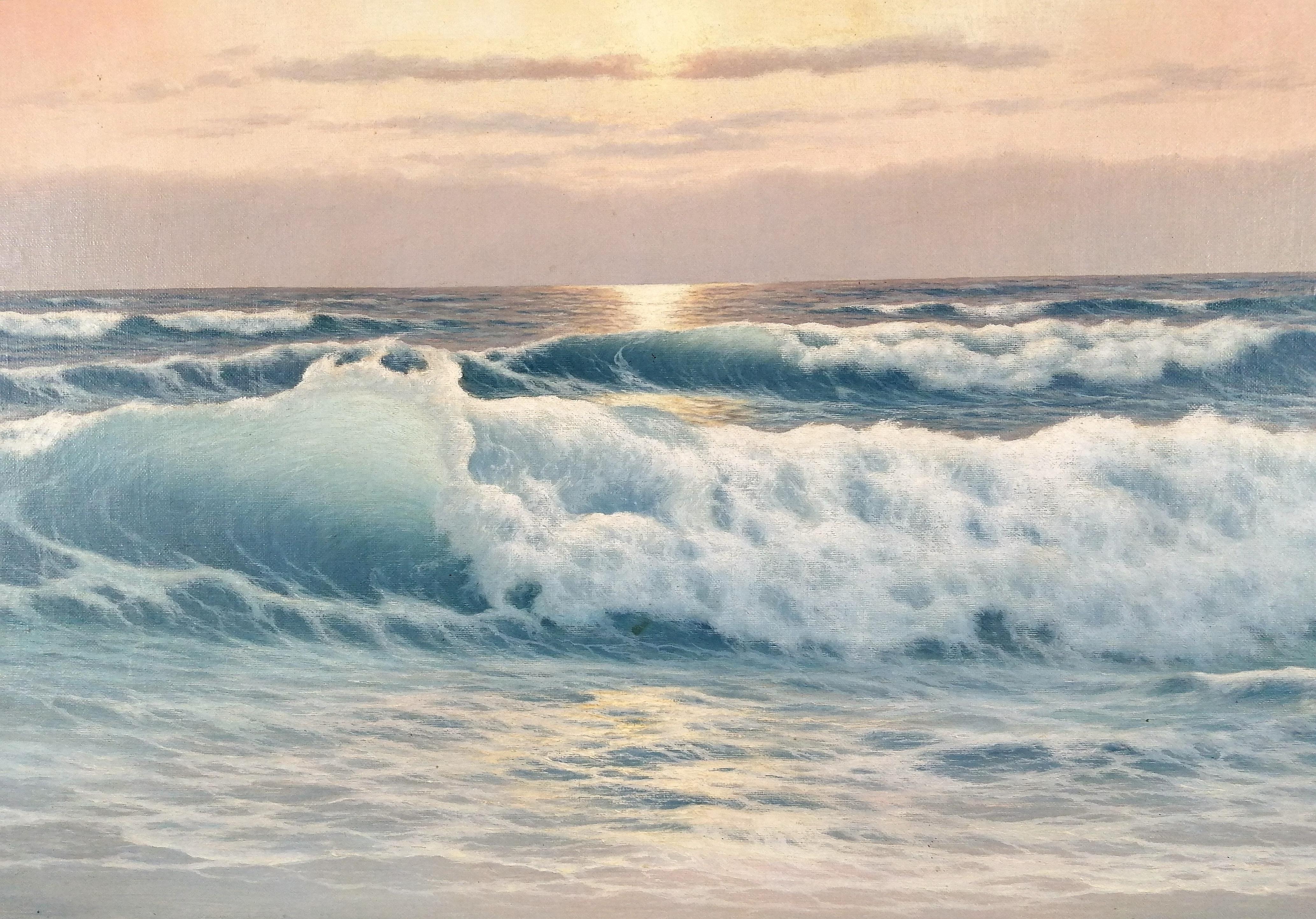 Sunset at Sea - Large French Marine Beach Seascape Oil on Canvas Painting For Sale 3