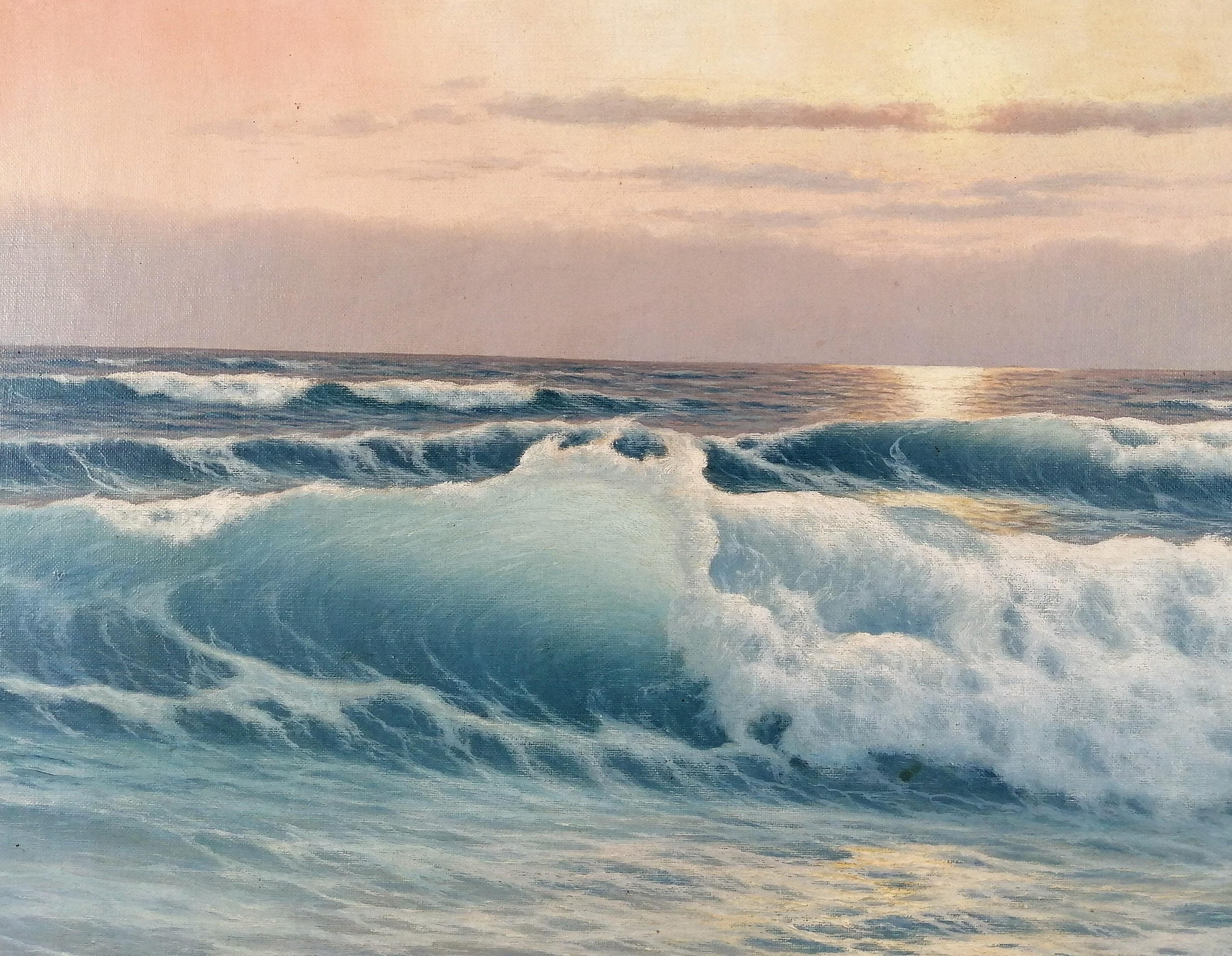 Sonnenuntergang an der See - Große französische Meeres- Strand- Meereslandschaft Öl auf Leinwand Gemälde im Angebot 4