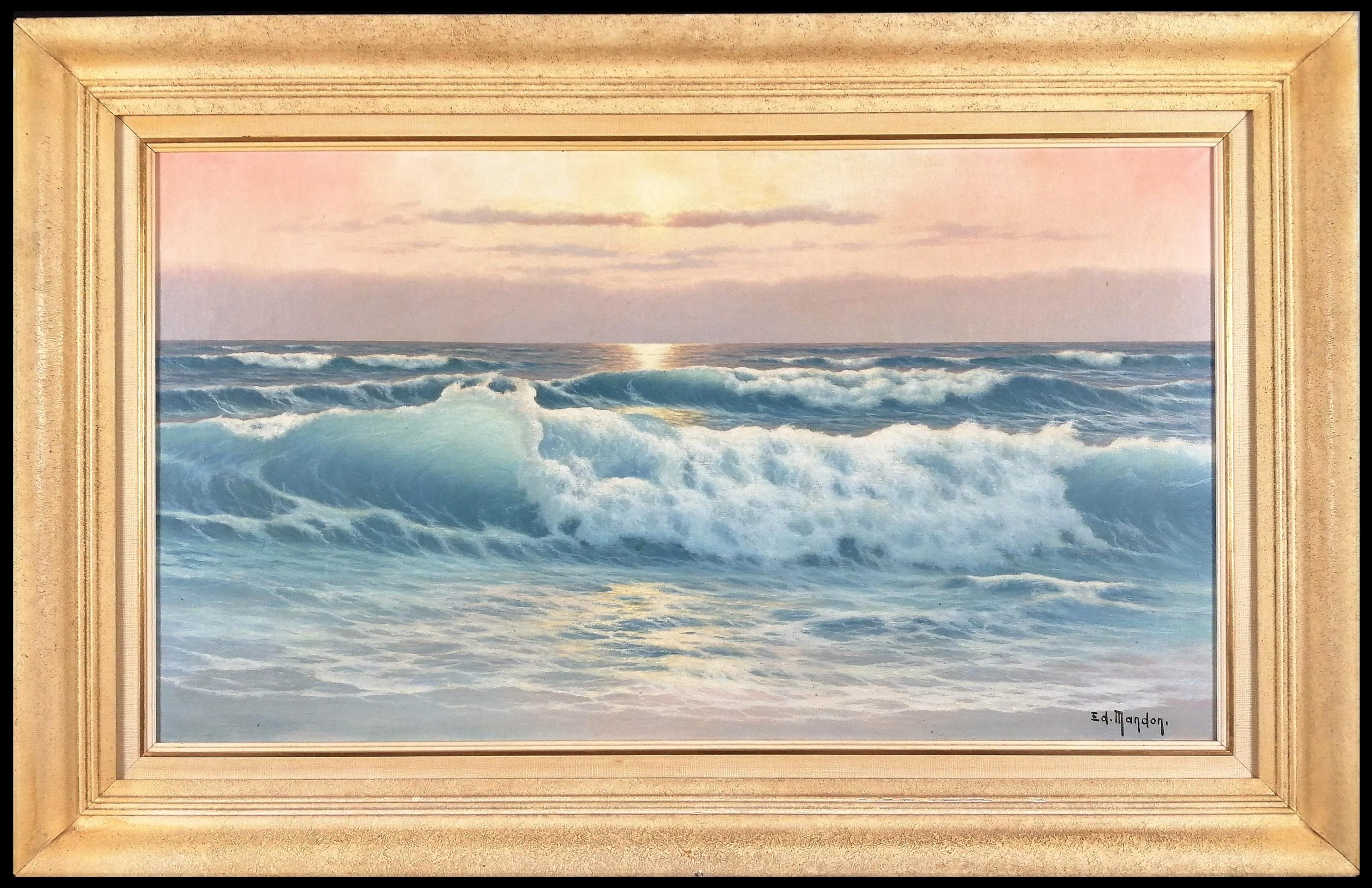 Edouard Mandon Landscape Painting - Sunset at Sea - Large French Marine Beach Seascape Oil on Canvas Painting
