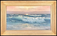 Sunset at Sea - Large French Marine Beach Seascape Oil on Canvas Painting