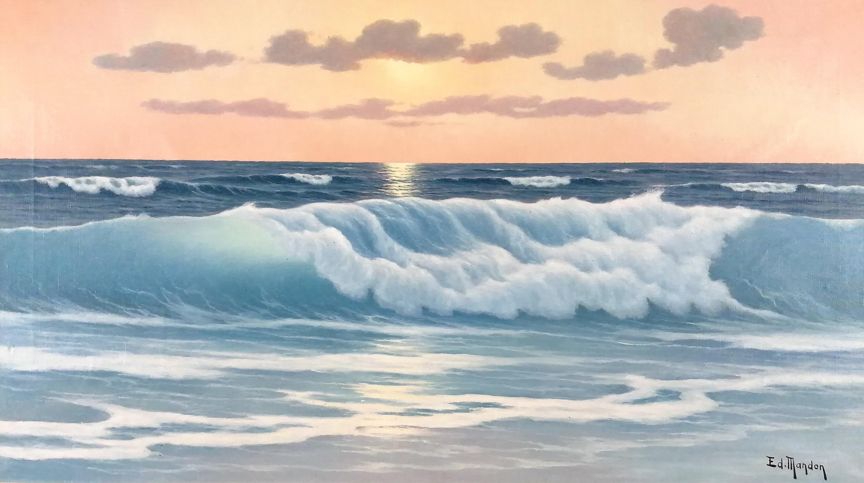 Sunset Seascape - Large Mid 20th Century French Impressionist Oil Painting - Beige Landscape Painting by Edouard Mandon