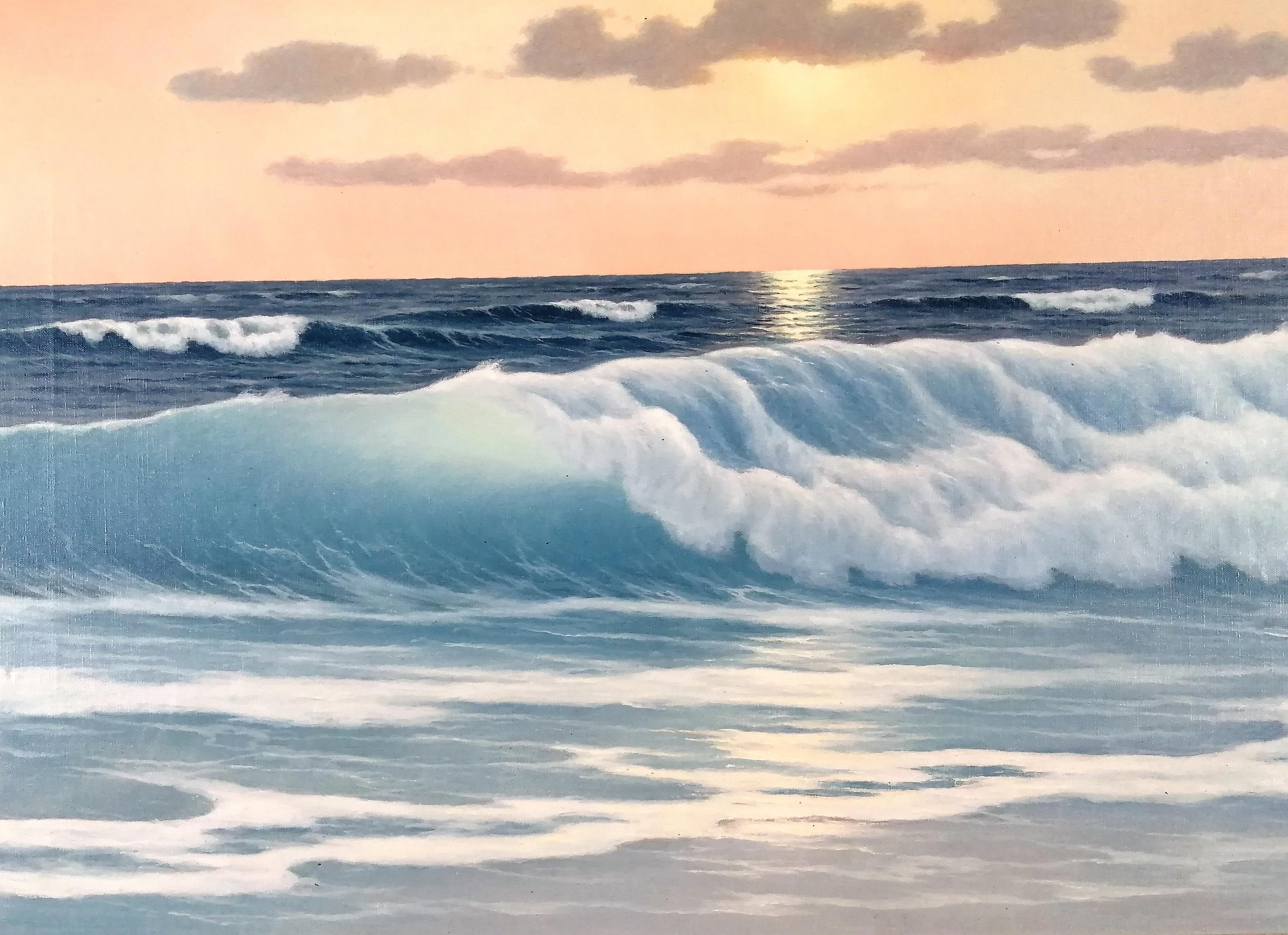 Sunset Seascape - Large Mid 20th Century French Impressionist Oil Painting For Sale 1