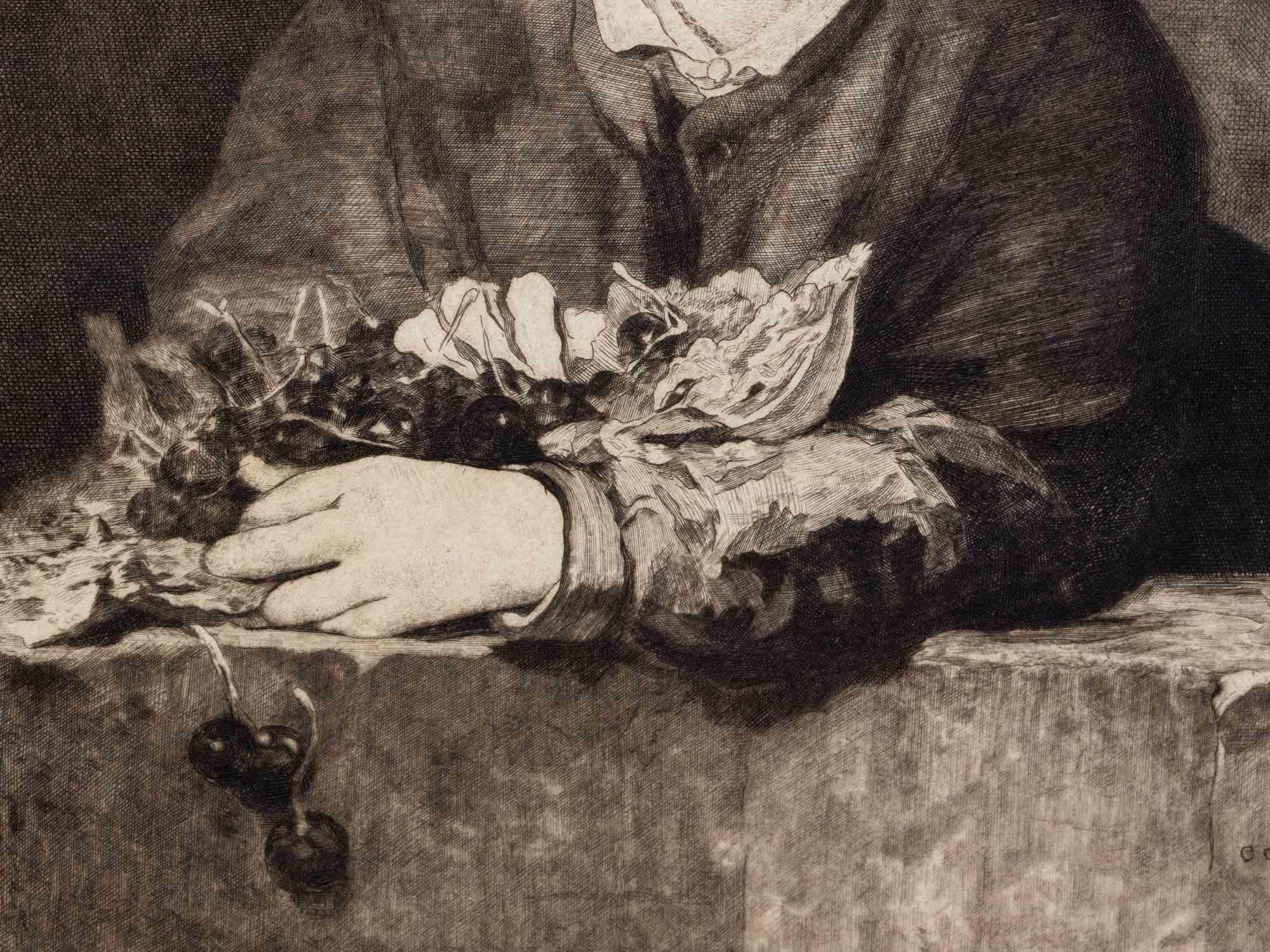 Boy with Cherries - eau-forte de H. Berengier, d'après E. Manet, début du XXe siècle - Noir Figurative Print par Edouard Manet