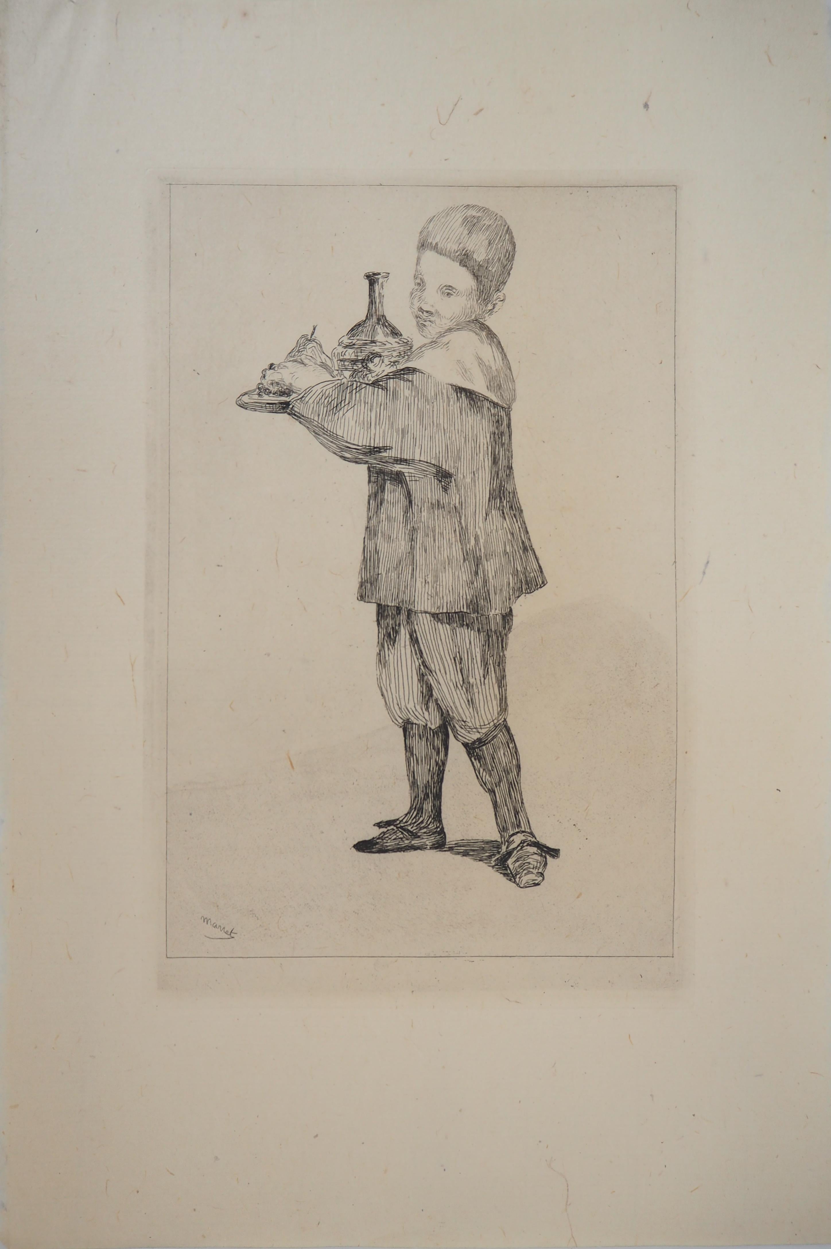 Child with a Tray (Pear and Bottle) - Original Etching (Guerin #15) - Impressionist Print by Edouard Manet