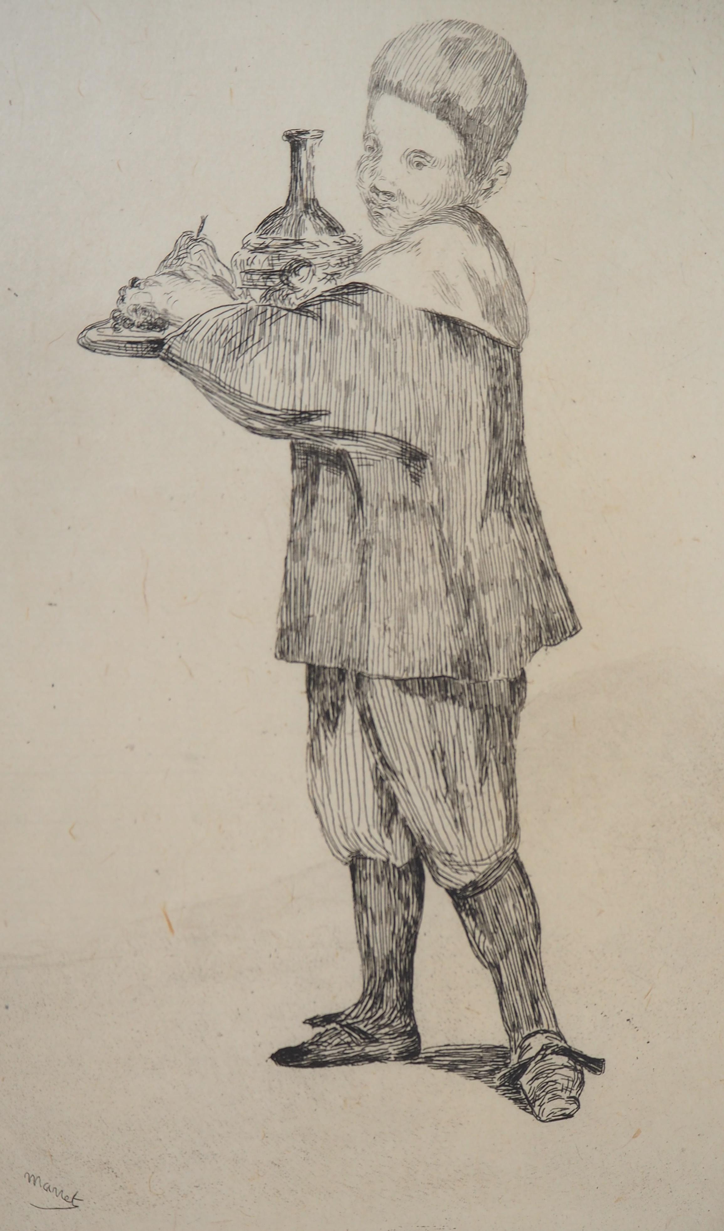 Child with a Tray (Pear and Bottle) - Original Etching (Guerin #15) - Beige Figurative Print by Edouard Manet