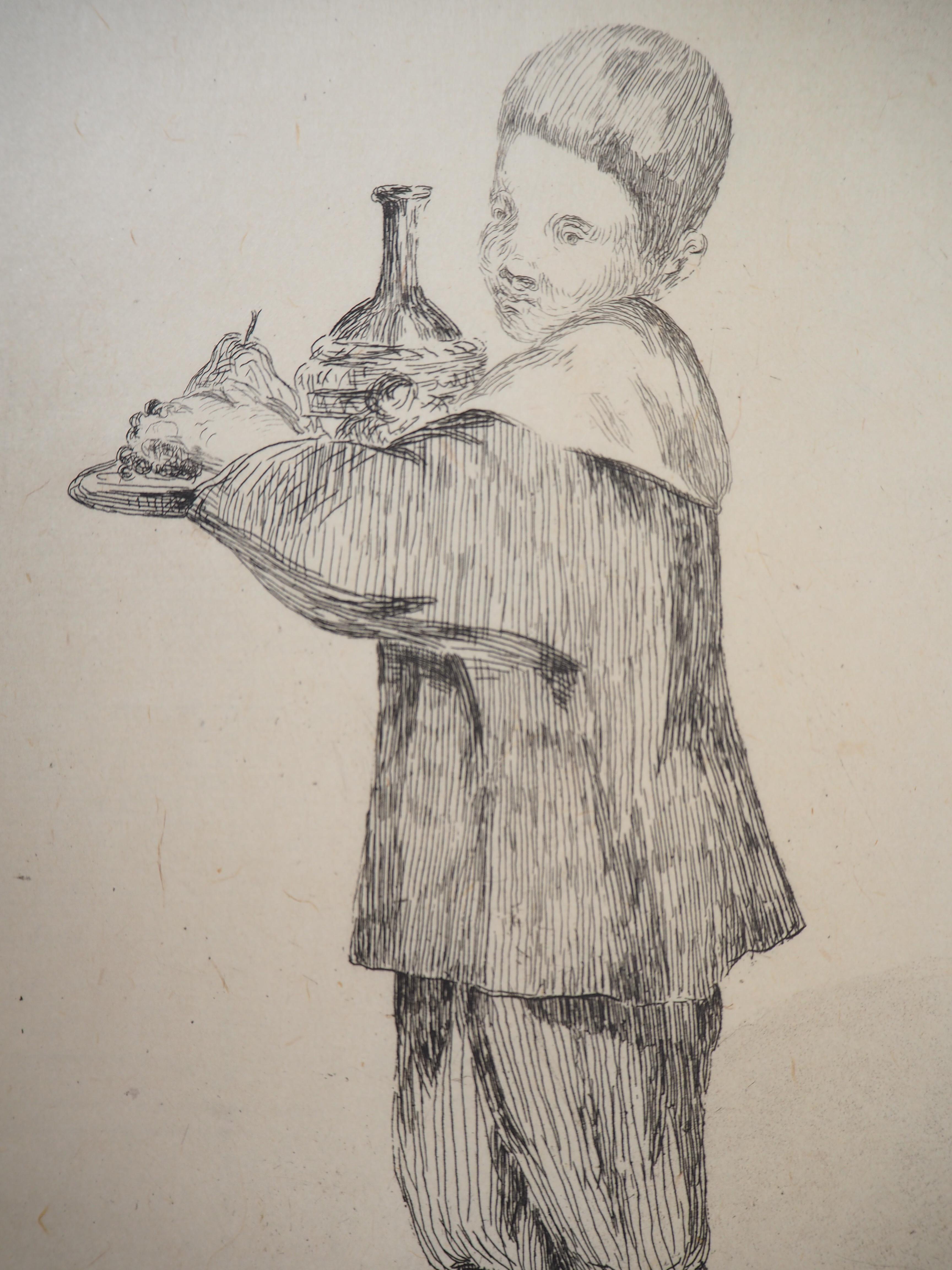 Child with a Tray (Pear and Bottle) - Original Etching (Guerin #15) - Beige Figurative Print by Edouard Manet