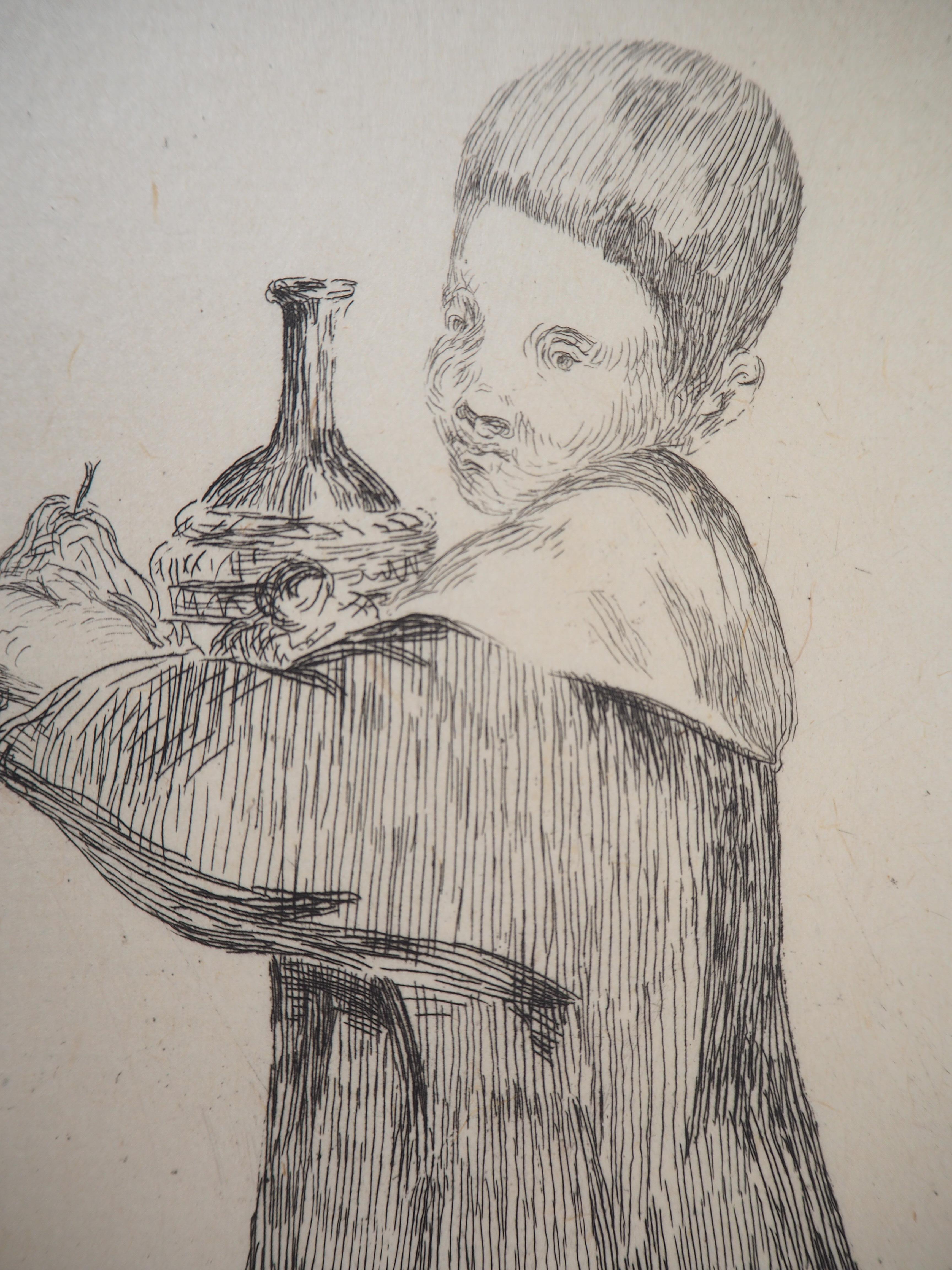 Child with a Tray (Pear and Bottle) - Original Etching (Guerin #15) For Sale 1