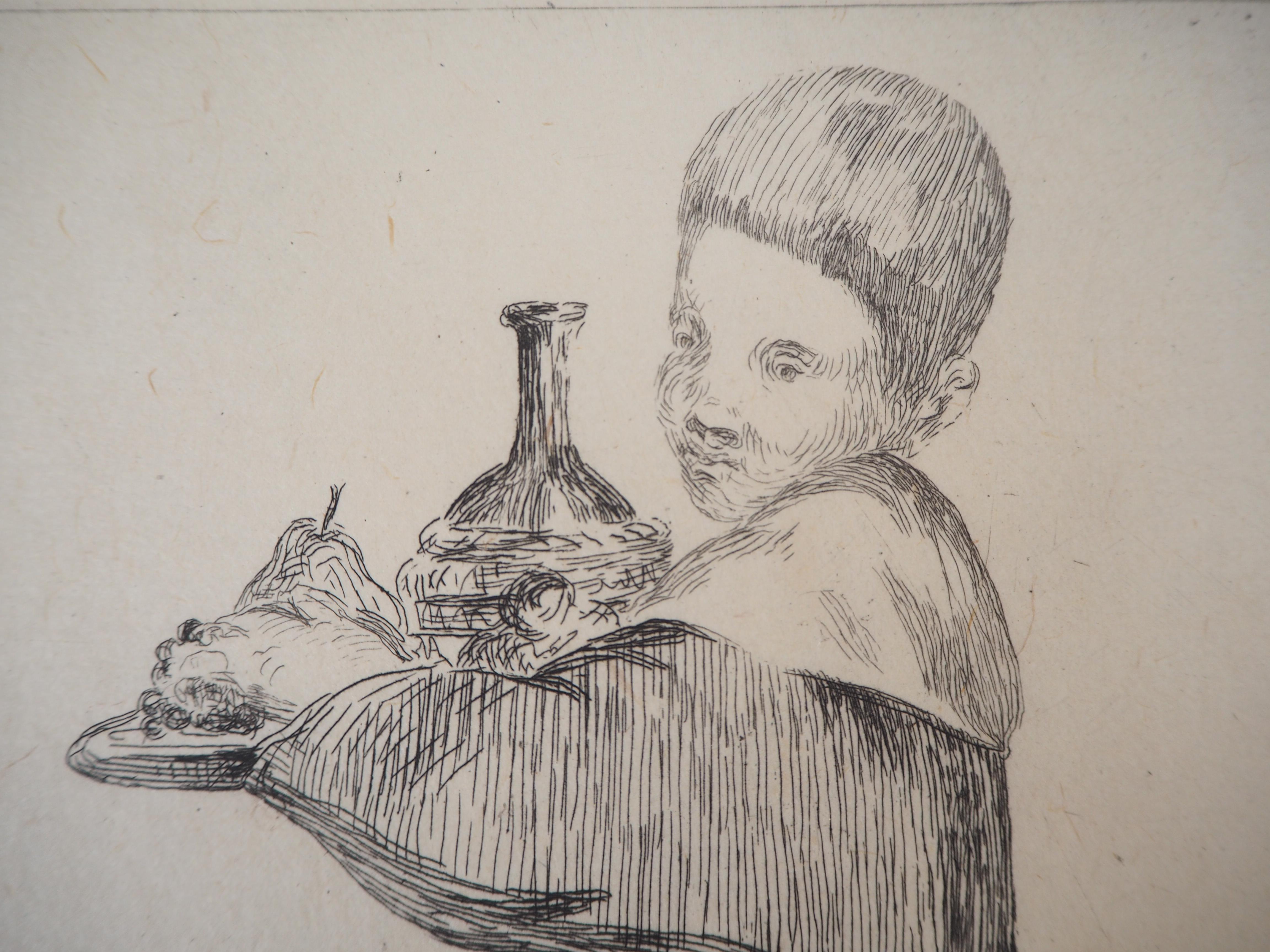 Child with a Tray (Pear and Bottle) - Original Etching (Guerin #15) For Sale 2